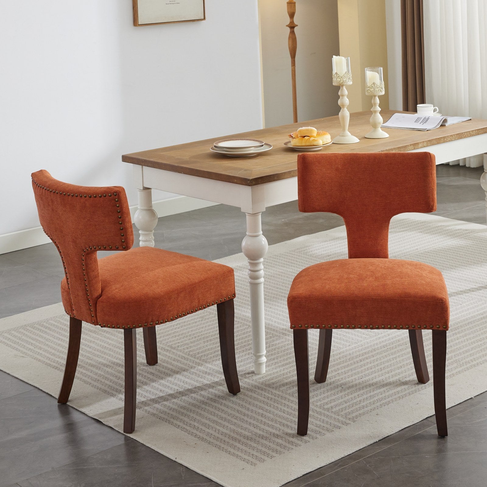 Mid Century Modern Dining Chairs Set Of 2, Farmhouse Linen Fabric Upholstered Accent Chair Curved Backrest With Copper Nails Around,Kitchen Chairs With Hardwood Frame, Orange Orange Classic Set Of 2 Foam Upholstered