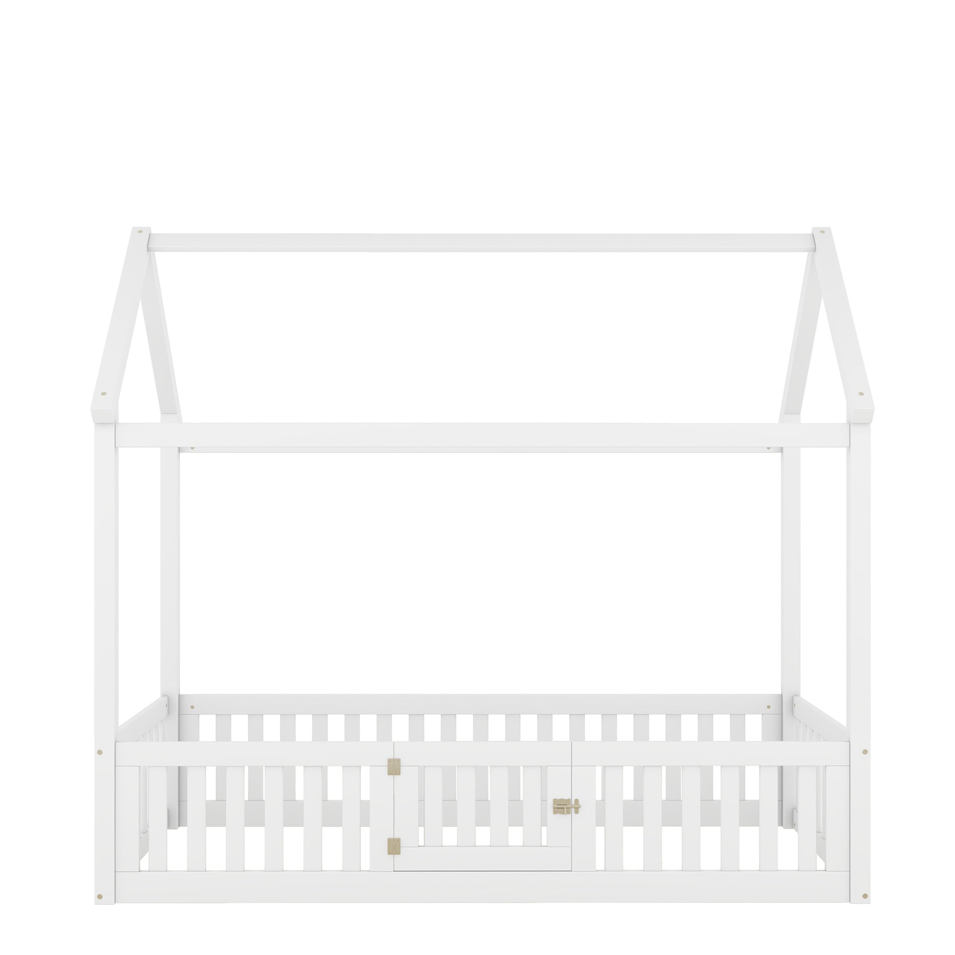 Twin Size Wood House Bed With Fence And Door, White Old Sku: Wf303131Aak Box Spring Not Required Twin White Wood Bedroom Bed Frame Pine