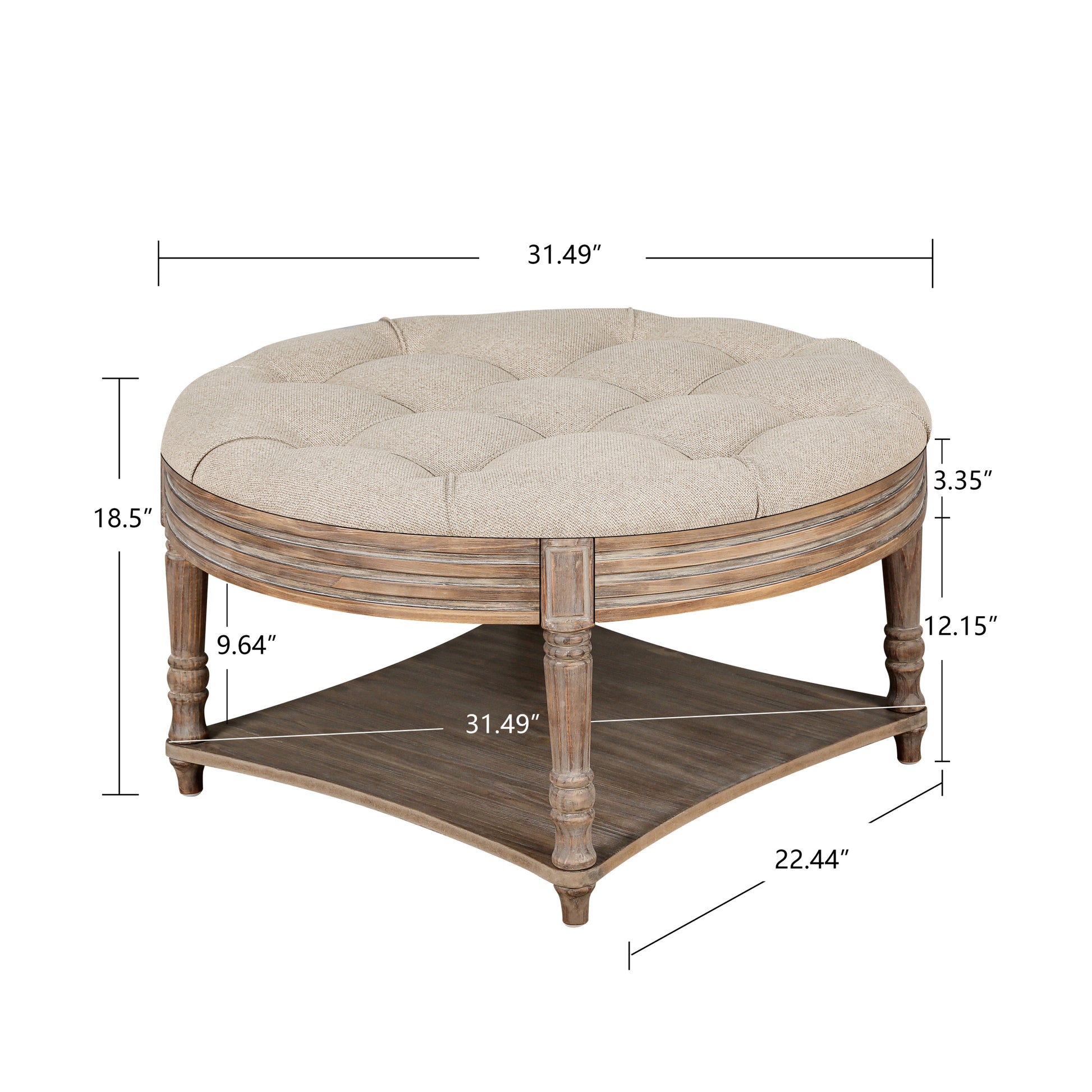 Large Round Ottoman Coffee Table 2 Tier Oversized Button Tufted Ottoman With Wooden Shelf Storage Farmhouse Upholstered Coffee Table Living Room Footstool Ottoman Linen Light Gray Brown Wood Primary Living Space Medium Soft Wood Round Linen Mdf