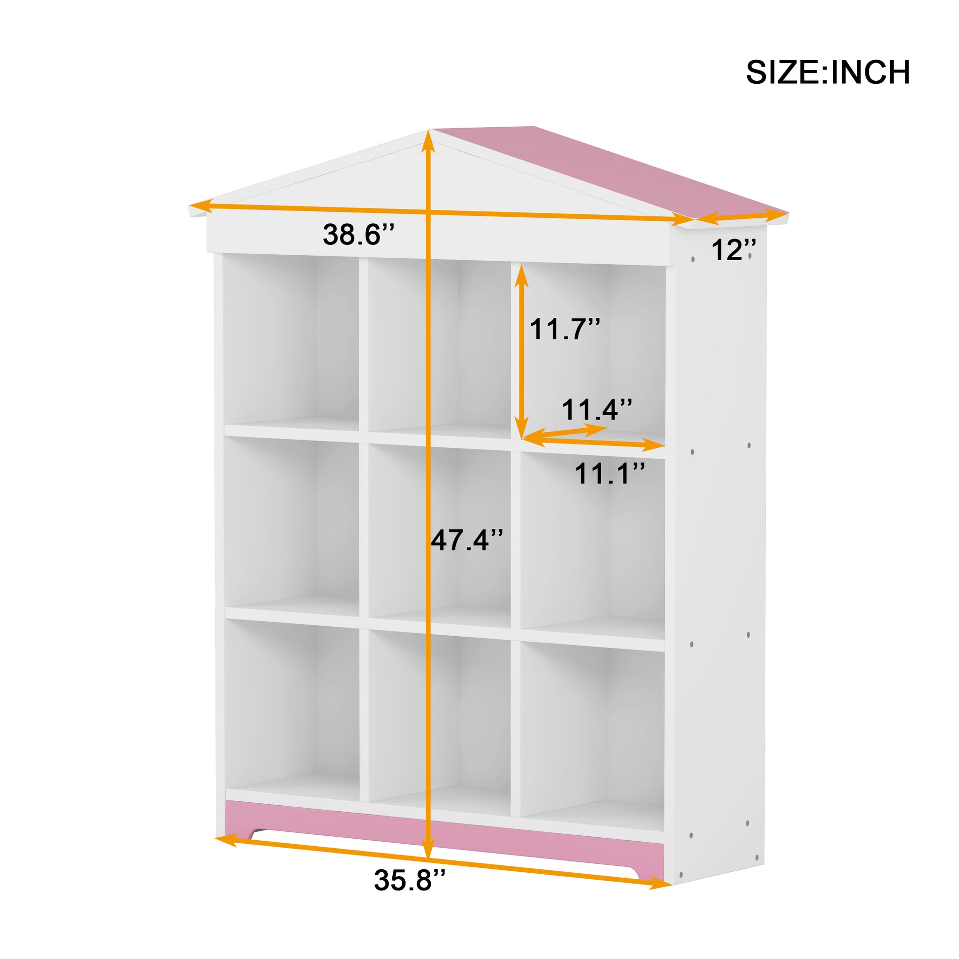 House Shaped Storage Rack With Nine Storage Compartments, Three Layer Storage Shelf With Colorblock Design, White Pink Pink White Particle Board