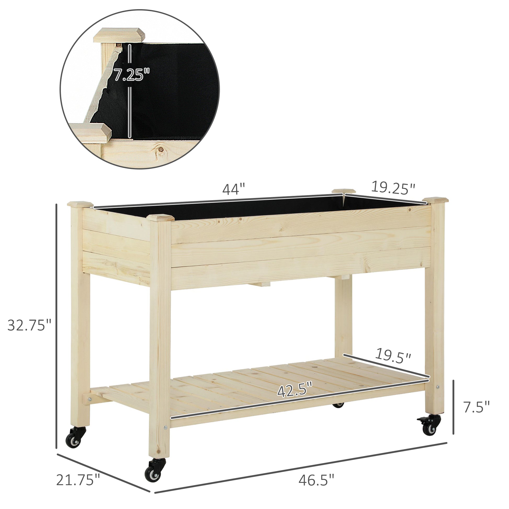 Outsunny Raised Garden Bed, 47" X 22" X 33", Elevated Wooden Planter Box W Lockable Wheels, Storage Shelf, And Bed Liner For Backyard, Patio, Natural Natural Wood