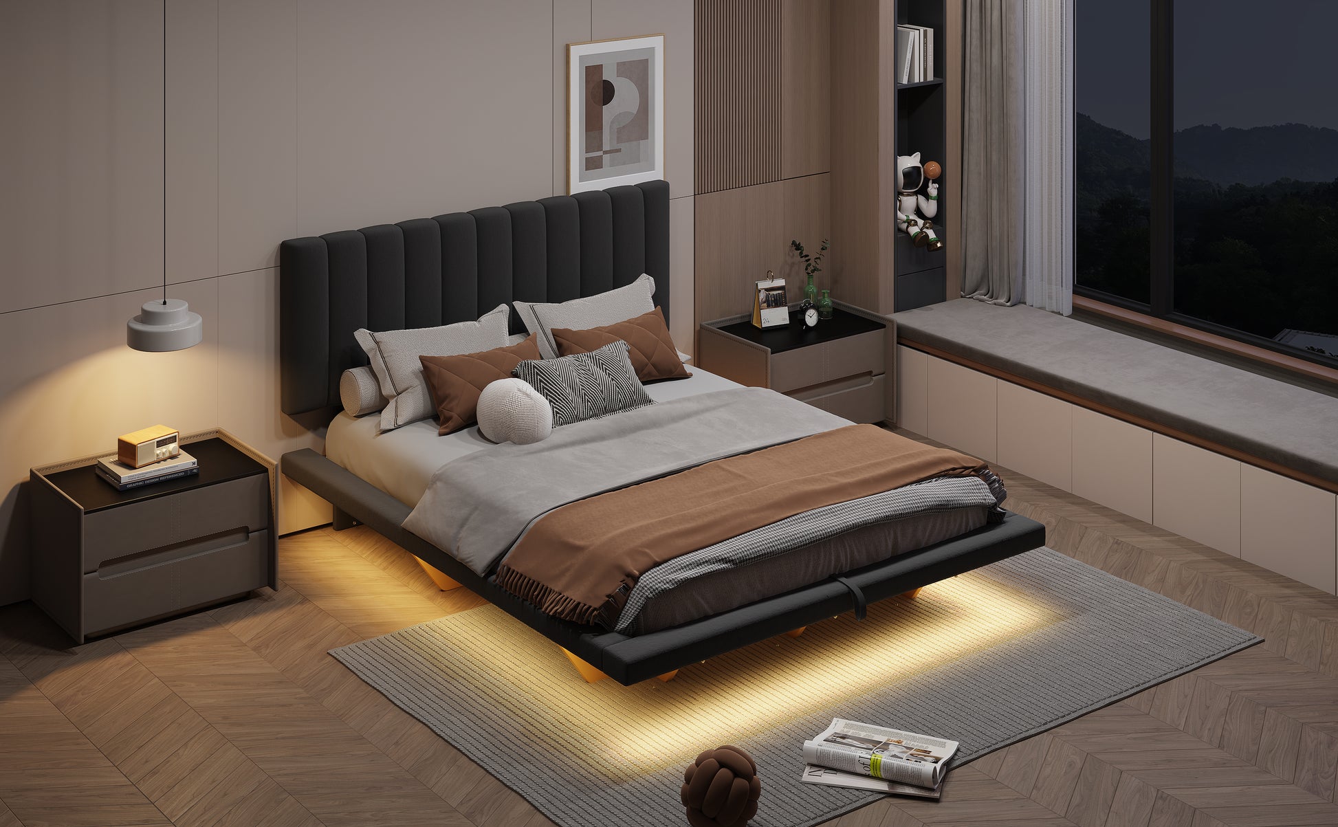 Queen Size Upholstered Floating Bed With Led Light And Usb Port, Velvet, Gray, Hydrualic Platform Bed Queen Gray Velvet