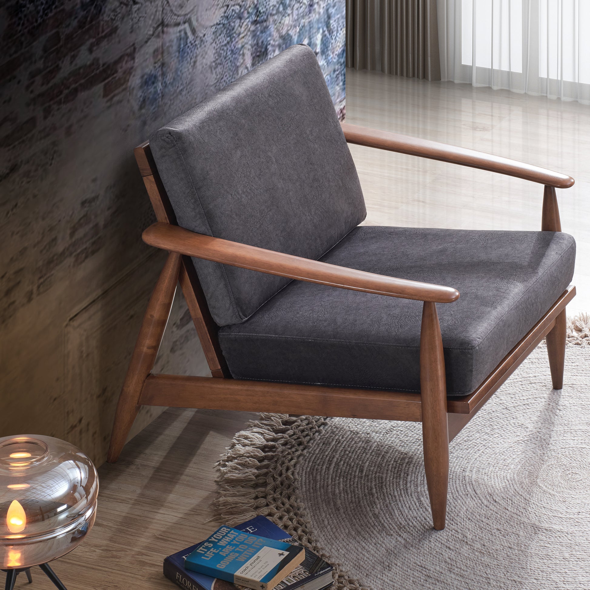 Charcoal And Brown Accent Chair With Removable Cushion Brown Grey Primary Living Space Modern Wood Fabric