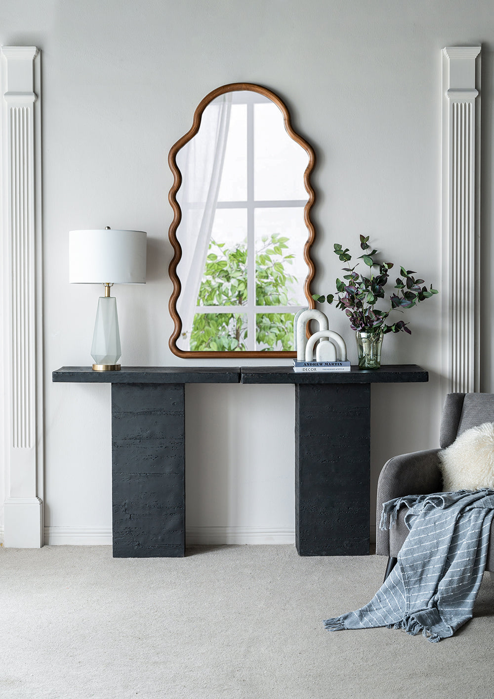 30X1.5X55" Arch Wood Mirror With Unique Frame Brown Pine