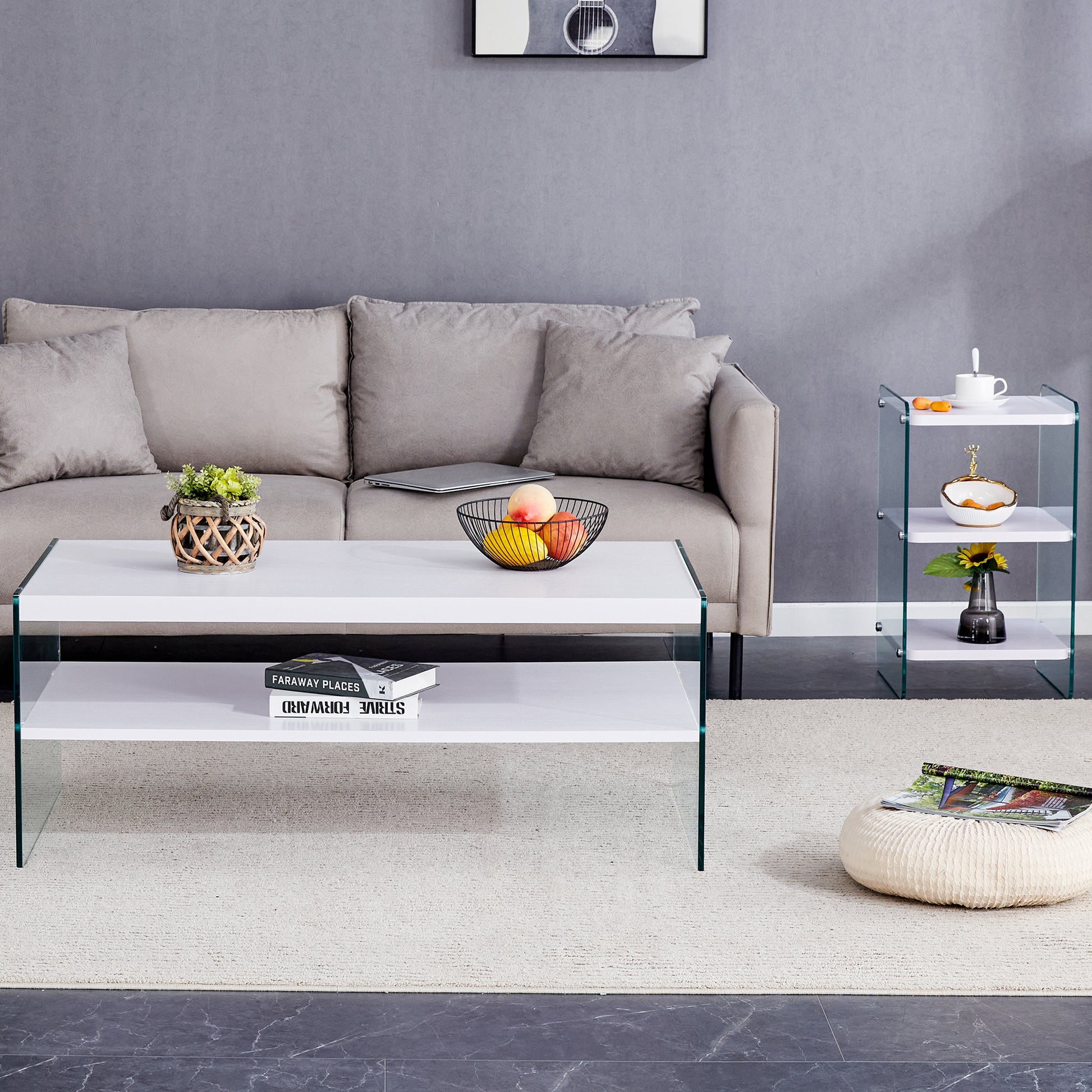 Double Rectangular Coffee Table. The Board Surface Is Mdf, With White Stickers, And Both Sides Are Transparent Tempered Glass. Suitable For Living Room, Bedroom And Other Occasions. White Mdf Glass