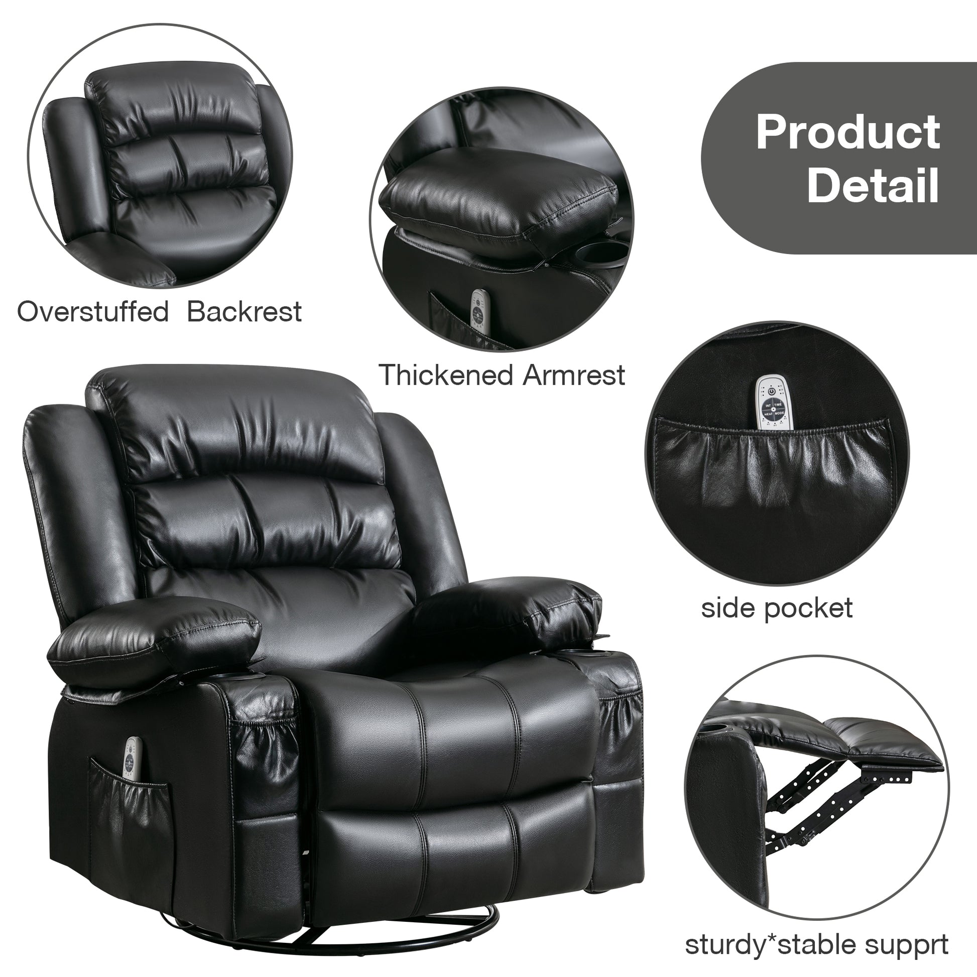 Massage Swivel Rocker Recliner Chair With Vibration Massage And Heat Ergonomic Lounge Chair For Living Room With Rocking Function And Side Pocket 2 Cup Holders Usb Charge Port Black Faux Leather Manual Handle Metal Soft Heavy Duty Push Button Foam Pu