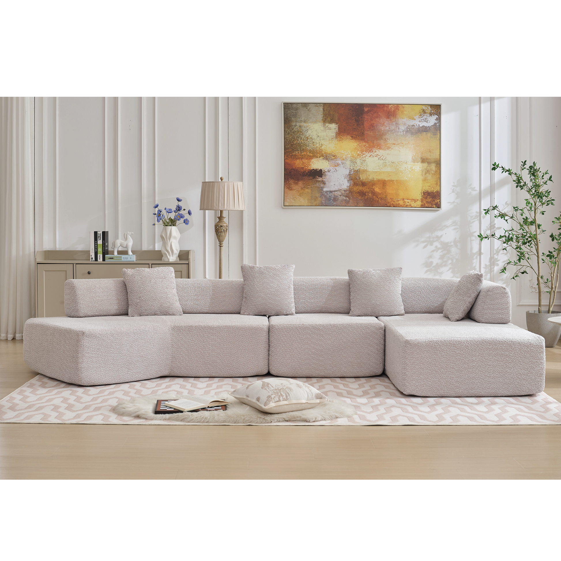 Arrived Modern Minimalist 140" L Shape Couch ,No Assembly Required,Boucle,Modular Sofa ,Couch With Chaise,Free Combination Foam Filled Sofa, 4 Seats, Gray Gray Polyester Primary Living Space Soft Modern Foam Polyester 4 Seat