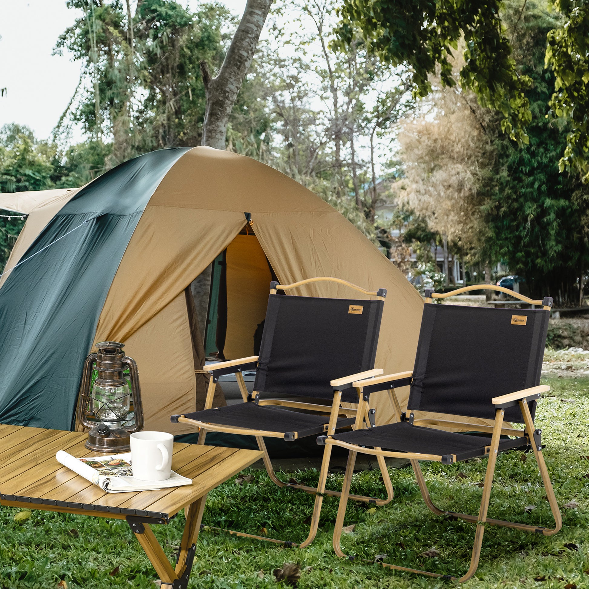 Outsunny 2 Pack Folding Camping Chair, Lightweight & Portable Beach Chairs Armchairs, Perfect For Festivals, Fishing, Picnic And Hiking, Black Black Metal