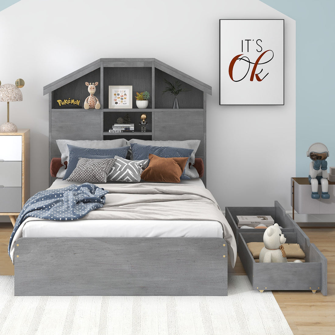 Twin Size Wood Platform Bed With House Shaped Storage Headboard And 2 Drawers, Gray Box Spring Not Required Twin Gray Wood Bedroom Solid Wood Mdf