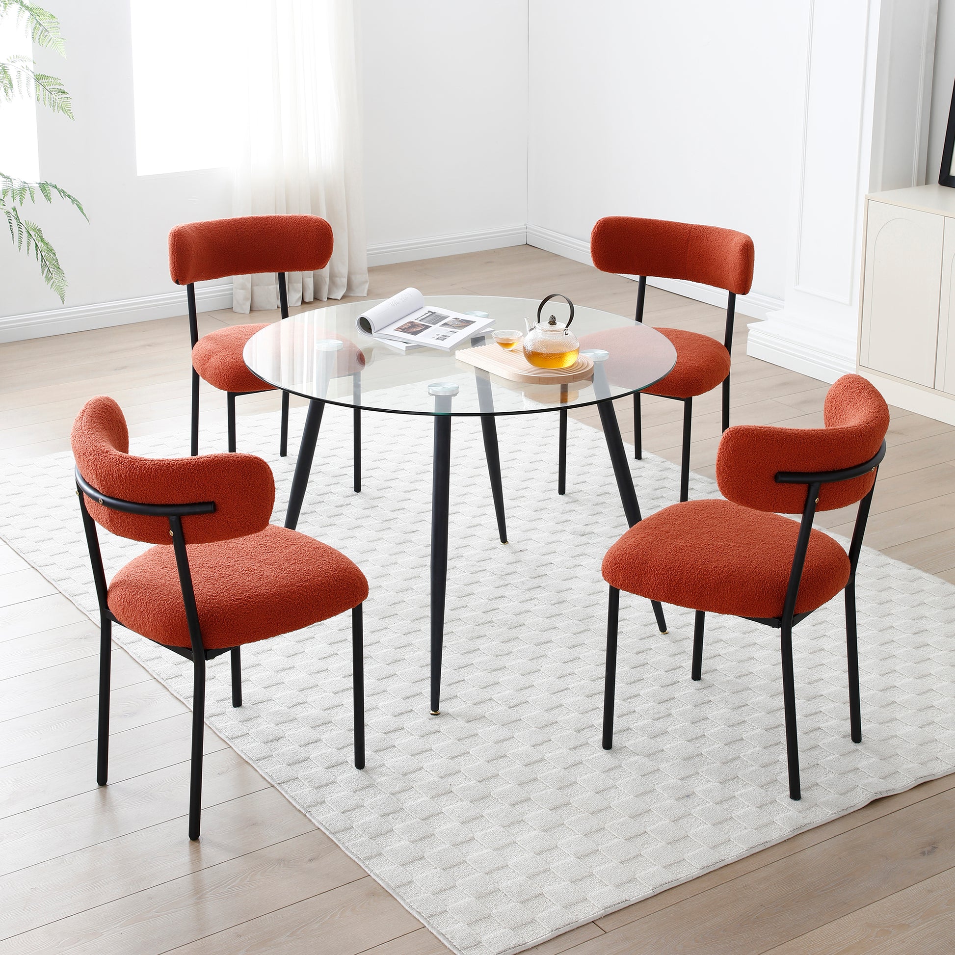 Dining Chairs Set Of 2,Round Upholstered Sherpa Fabric Dining Room Chairs With Curved Backrest,Mid Century Modern Accent Chairs With Black Metal Adjustable Legs For Dining Room,Living Room,Kitchen Orange Foam Teddy