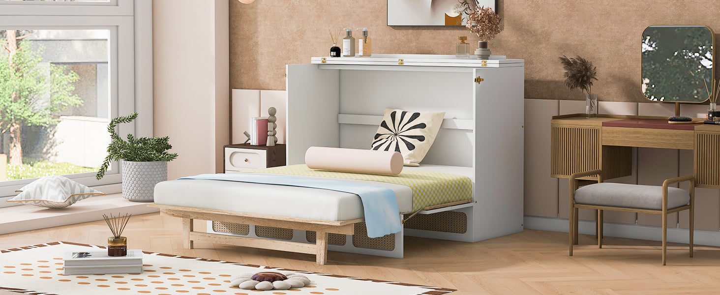 Full Size Murphy Bed With Large Drawers,White Full White Plywood