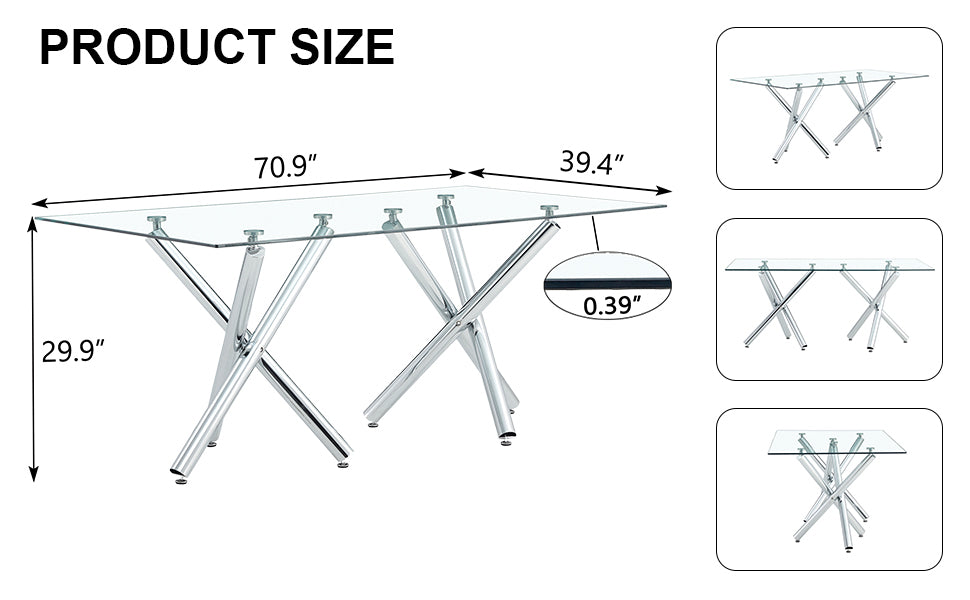 Large Modern Minimalist Rectangular Glass Dining Table For 6 8 With 0.39" Tempered Glass Tabletop And Silver Chrome Metal Legs, For Kitchen Dining Living Meeting Room Banquet Hall, 71' X39''X 30''1538 Transparent Glass