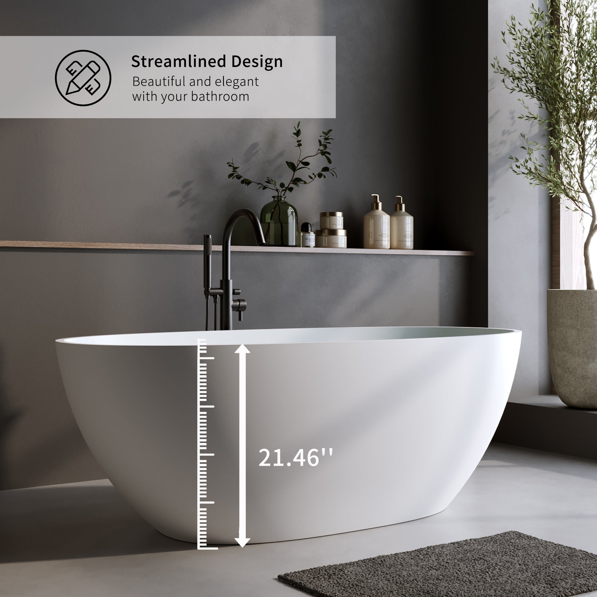 59'' Solid Surface Matte Tub, Solid Surface Soaking Tub, Stone Resin Freestanding Bathtub, Thick Edge Stand Alone Tubs With Overflow, Pop Up Drain, Matte White Oval Matte White Oval Freestanding Tubs 59 61 In Soaking Center Solid Surface