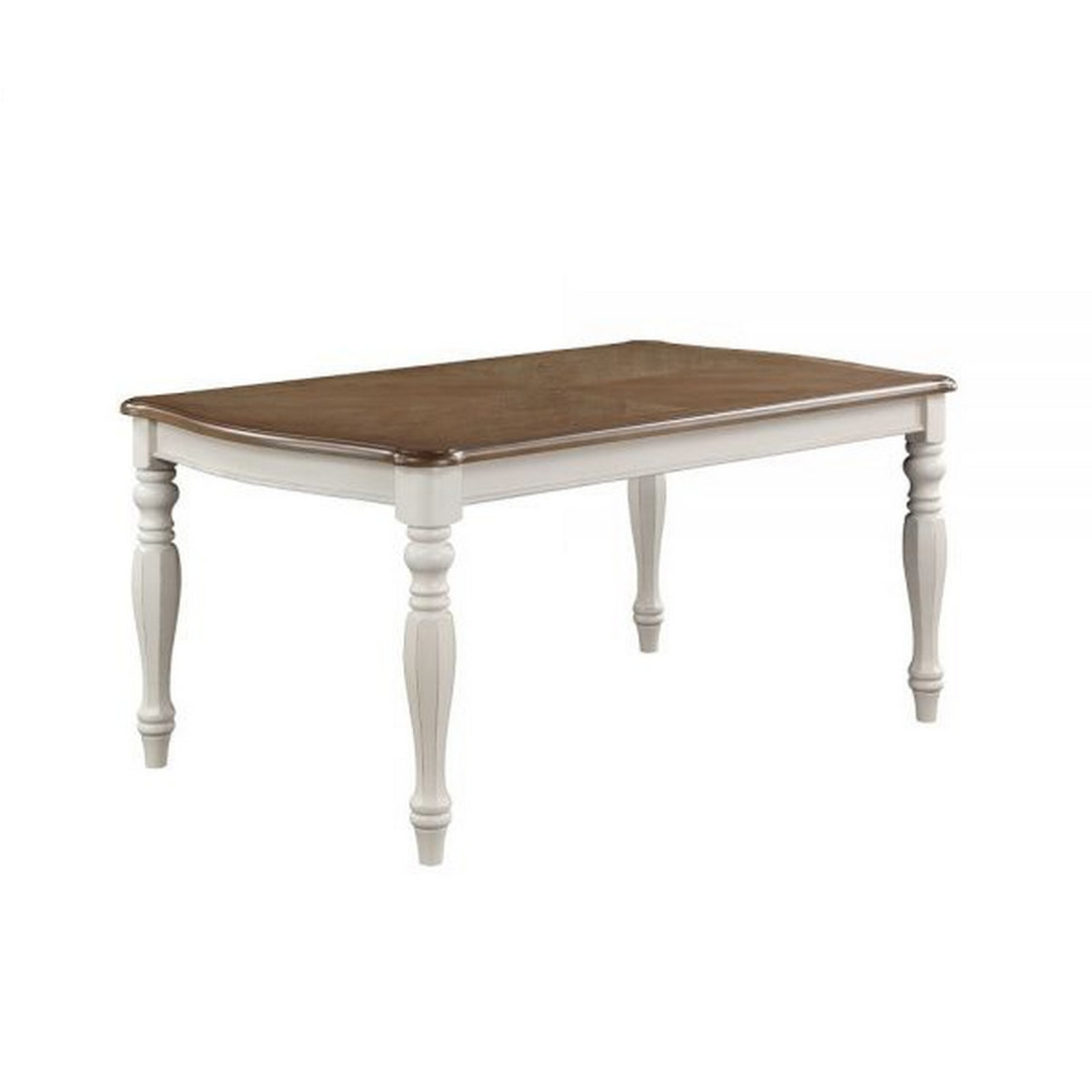 Fil 68 Inch Dining Table, Rustic Brown Rubberwood, White Turned Legs Brown White Wood Fabric