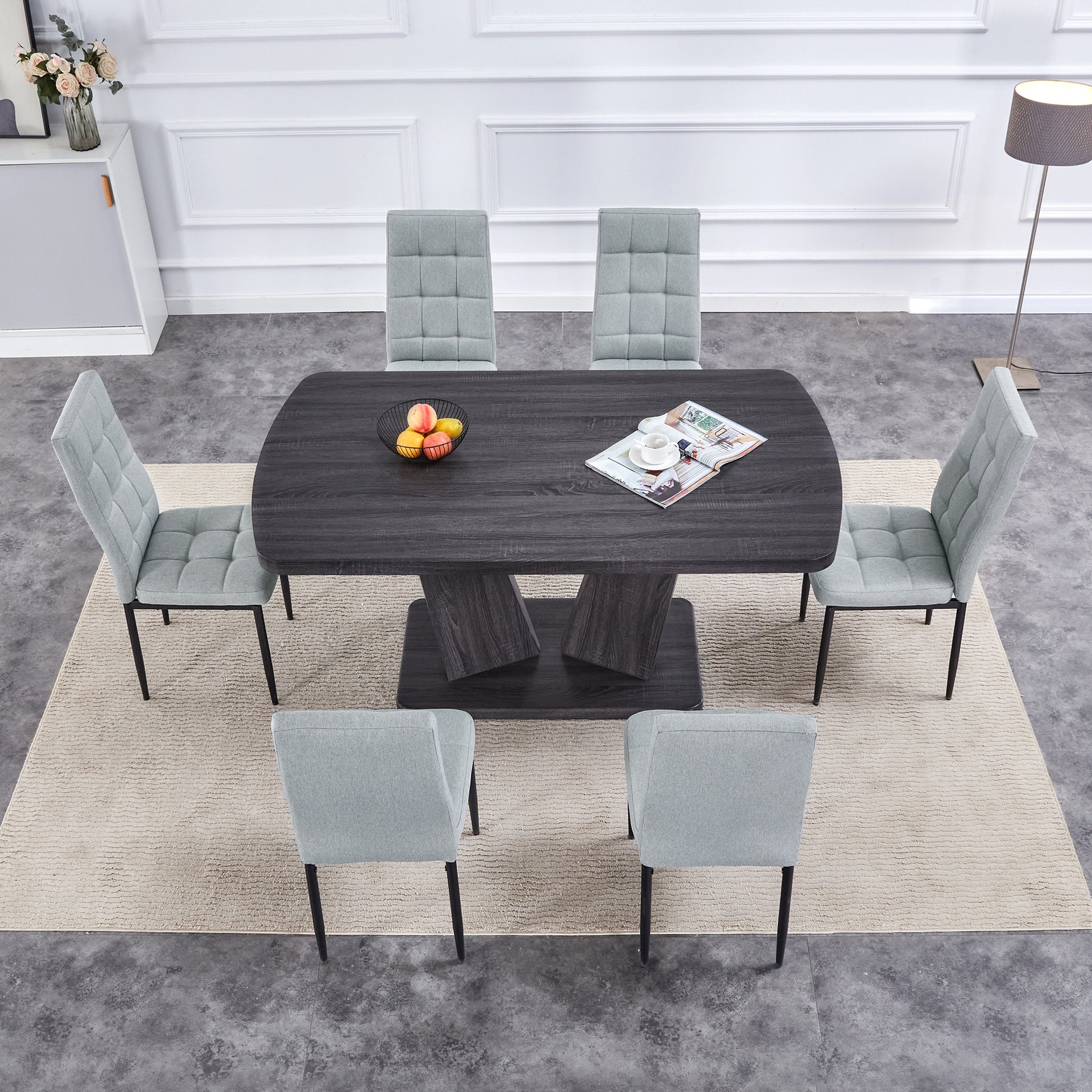 Dining Table Set For 6, 7 Piece Kitchen Table Chairs Set, 1.8" Thickness Tabletop And V Shaped Table Legs, Modern Dining Room Set With 63 Inch Dinner Table And 6 Upholstered Chairs For Dining Room Metal Gray Dining Room Classic,Mid Century Modern,Modern