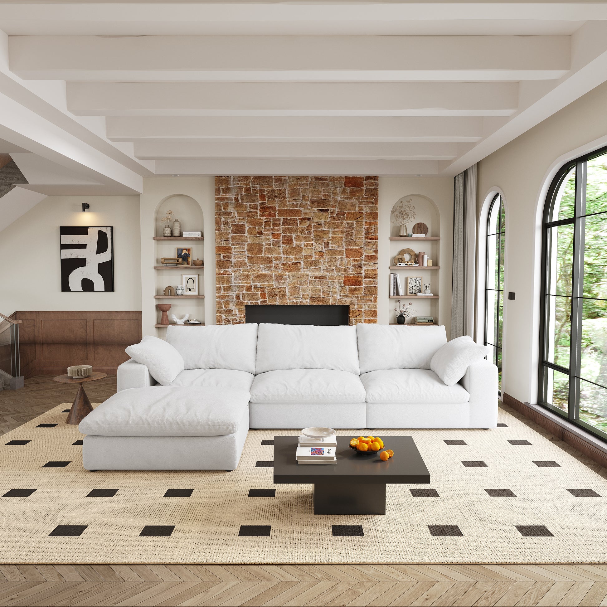 Cloud Modular Sectional Sofa With Storage Ottoman 120Inch Down Filled Comfort L Shaped Sofa Couch For Living Room 3Seater 1 Ottoman White Wood Primary Living Space Soft Cushion Back Pillow Top Arms Foam Fabric 4 Seat