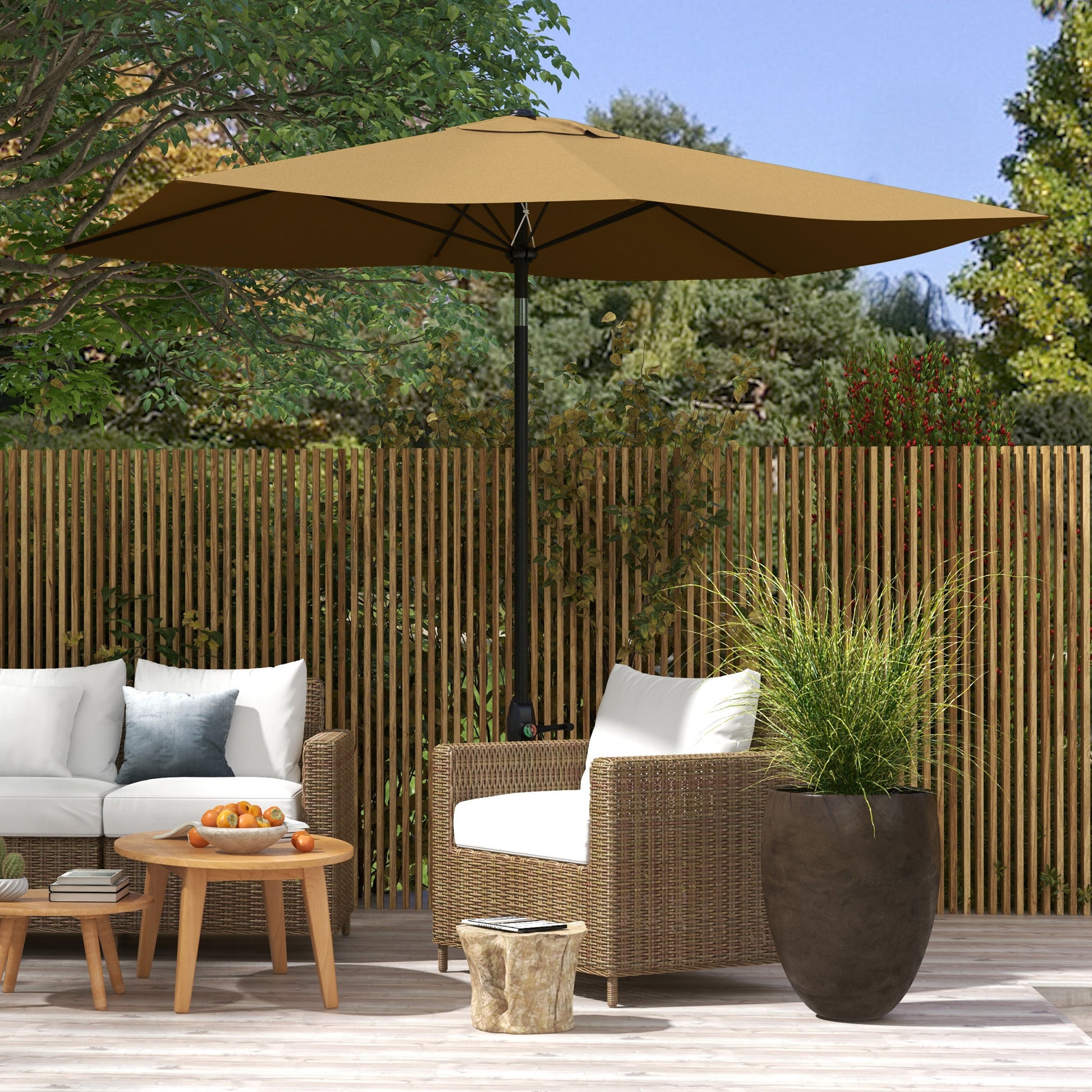 brown rectangle patio umbrella Outsunny 6.5' X 10' Rectangular Market Umbrella, Patio Outdoor Table Umbrella With Crank And Push Button Tilt, Coffee Coffee Steel