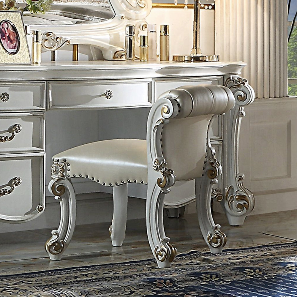 Beige And Antique Silver Vanity Stool With Trim Beige Vanity Stools Bedroom Rectangular Beige Armless Faux Leather