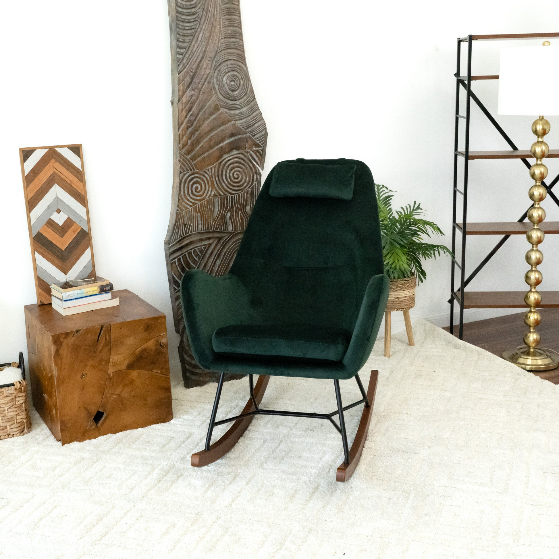 Chelsea Green Velvet Rocking Chair Solid Green Bedroom Foam Wipe Clean Foam Velvet