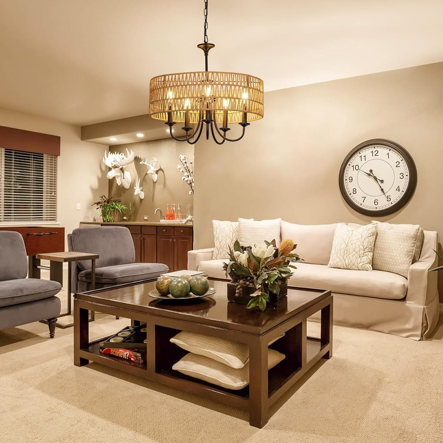 Modern Farmhouse Chandelier Light Fixtures, 5 Lights Large Rattan Pendant Lighting With Hand Woven Wicker Shade, Boho Black Chandeliers For Dining Room Living Room Kitchen Island Bedroom Brown Rattan Metal