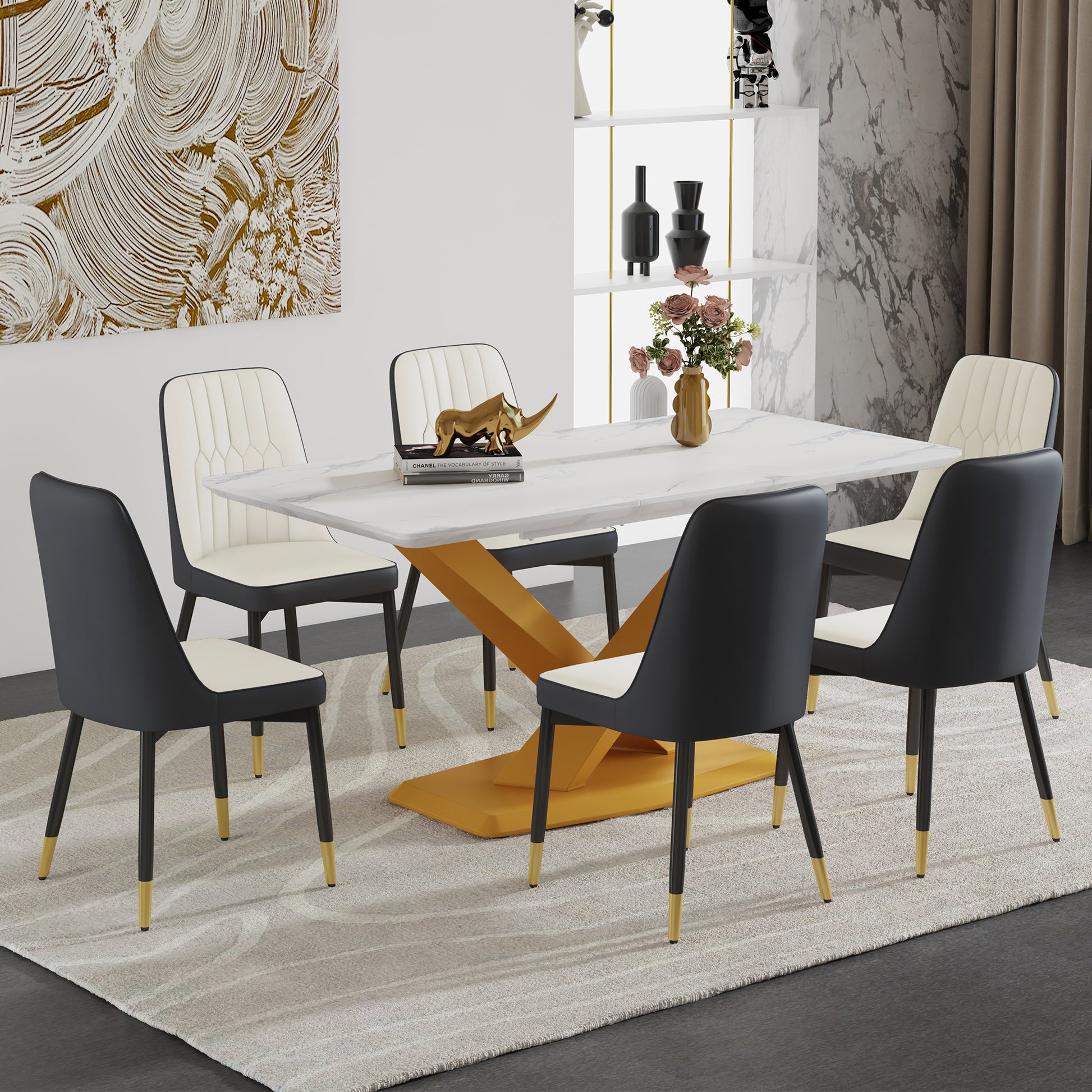 Table And Chair Set.The Table Is Equipped With A Marble Patterned Mdf Tabletop And Gold Table Legs.Paired With 6 White And Dark Gray Spliced Dining Chairs With Pu Cushions And Black Metal Legs. Dark