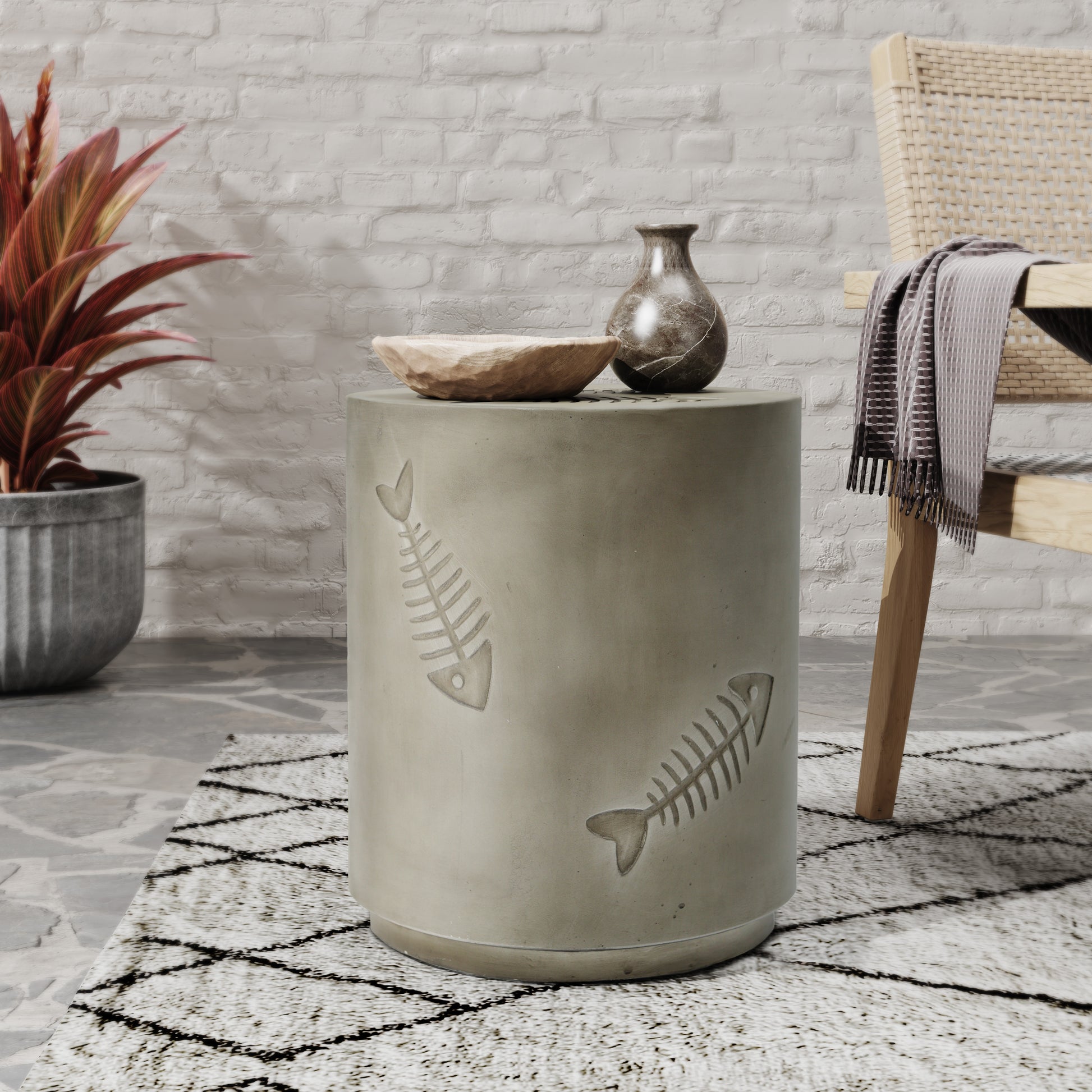 16'' Mgo Side Table Fish Pattern Grey Magnesium Oxide