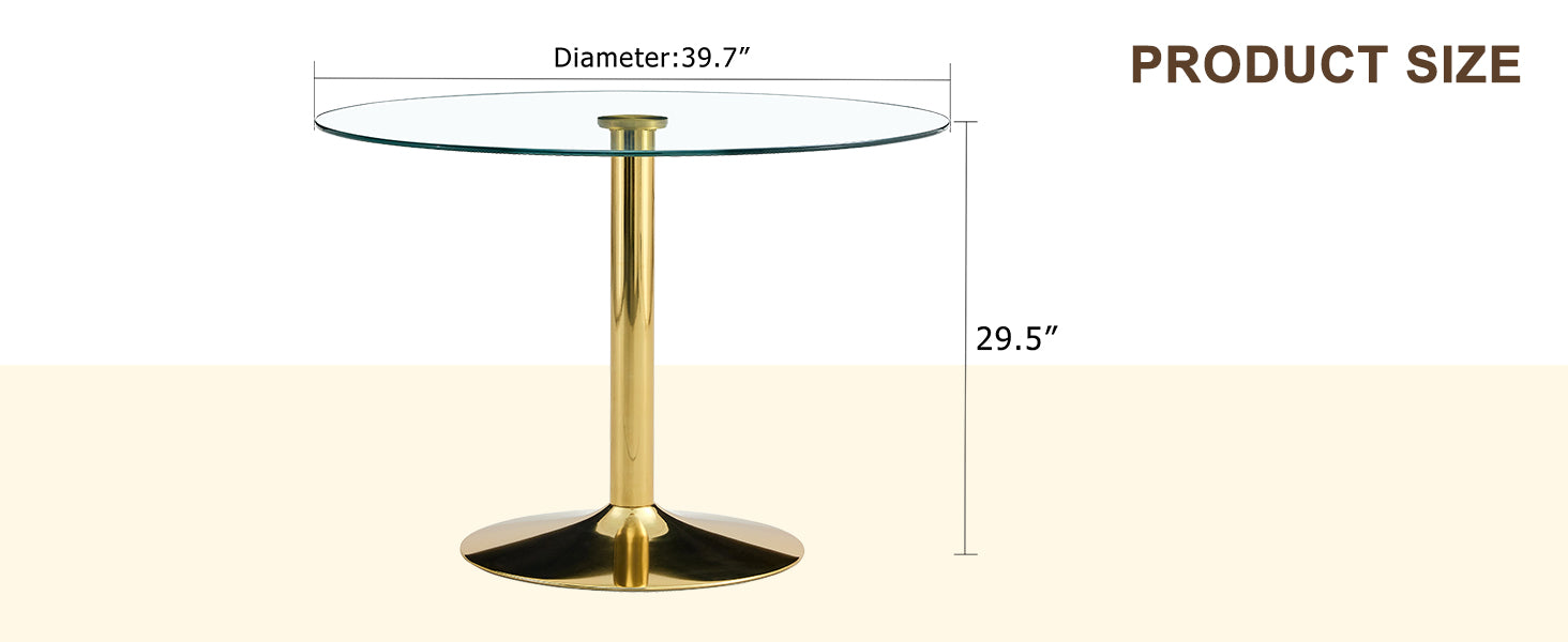 A 39.7 Inch Diameter Glass Top And A Modern, Minimalist Round Dining Table With Gold Metal Legs. Ideal For Dining Rooms, Living Rooms And Meeting Rooms. Model: Dt 1166 Gold Glass Metal