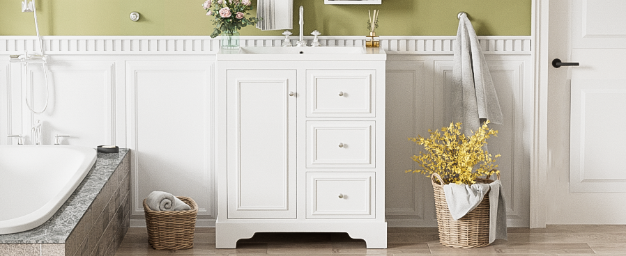 30 Inch Bathroom Vanity Cabinet With Ceramic Basin, 3 Drawers And Adjustable Shelves White Bathroom Solid Wood Mdf