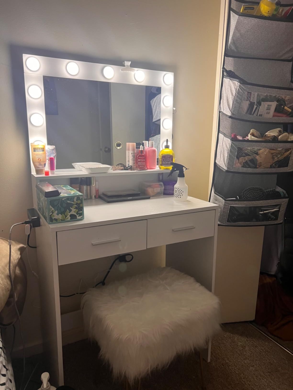 Vanity Desk With Mirror And Lights, Dressing Table With Large Drawer, 2 Level Storage Dresser & 3 Lighting Modes Adjustable Brightness, Suitable For Bedroom White White Particle Board