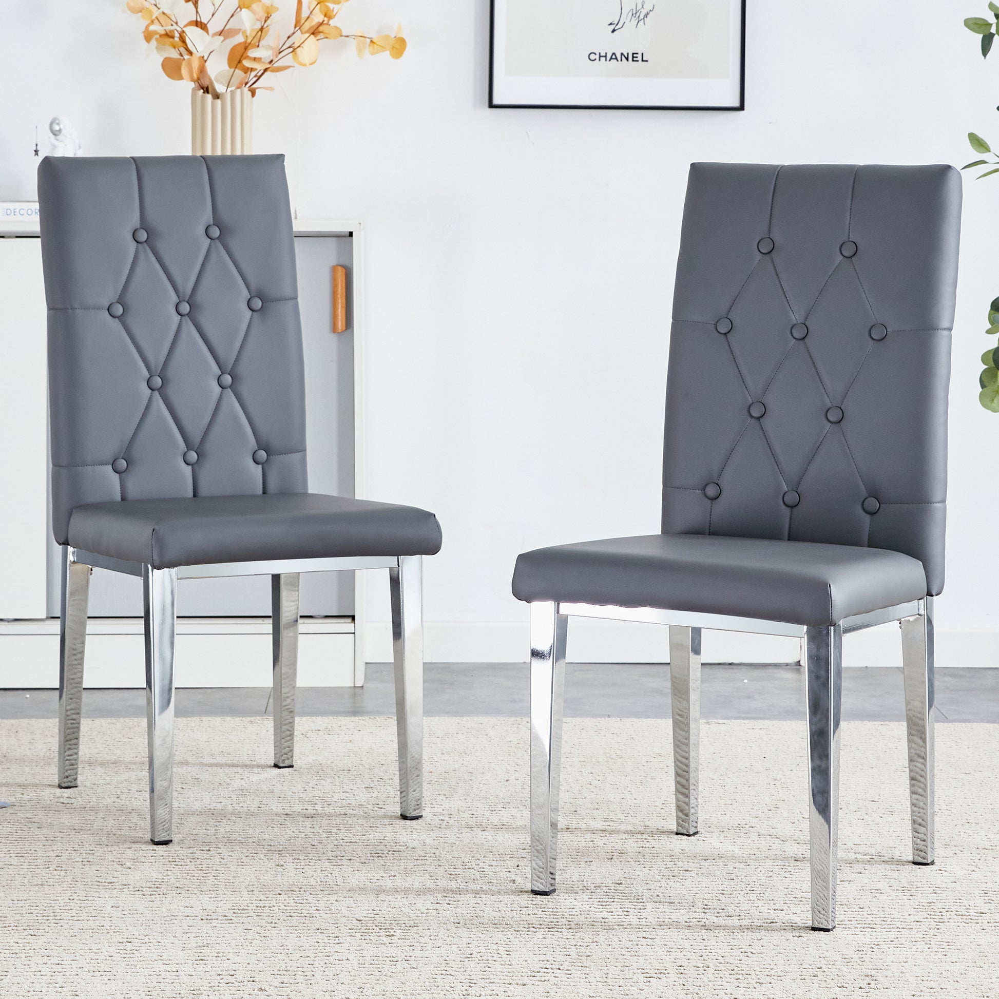 2 Piece Set Of Gray Armless Dining Chairs Brings A Touch Of Elegance And Mystery To The Dining Area With Its Deep Gray Tone,The Grid And Buckle Design Of The Back Add A Vintage Yet Fashionable Touch Gray Set Of 2 Pu