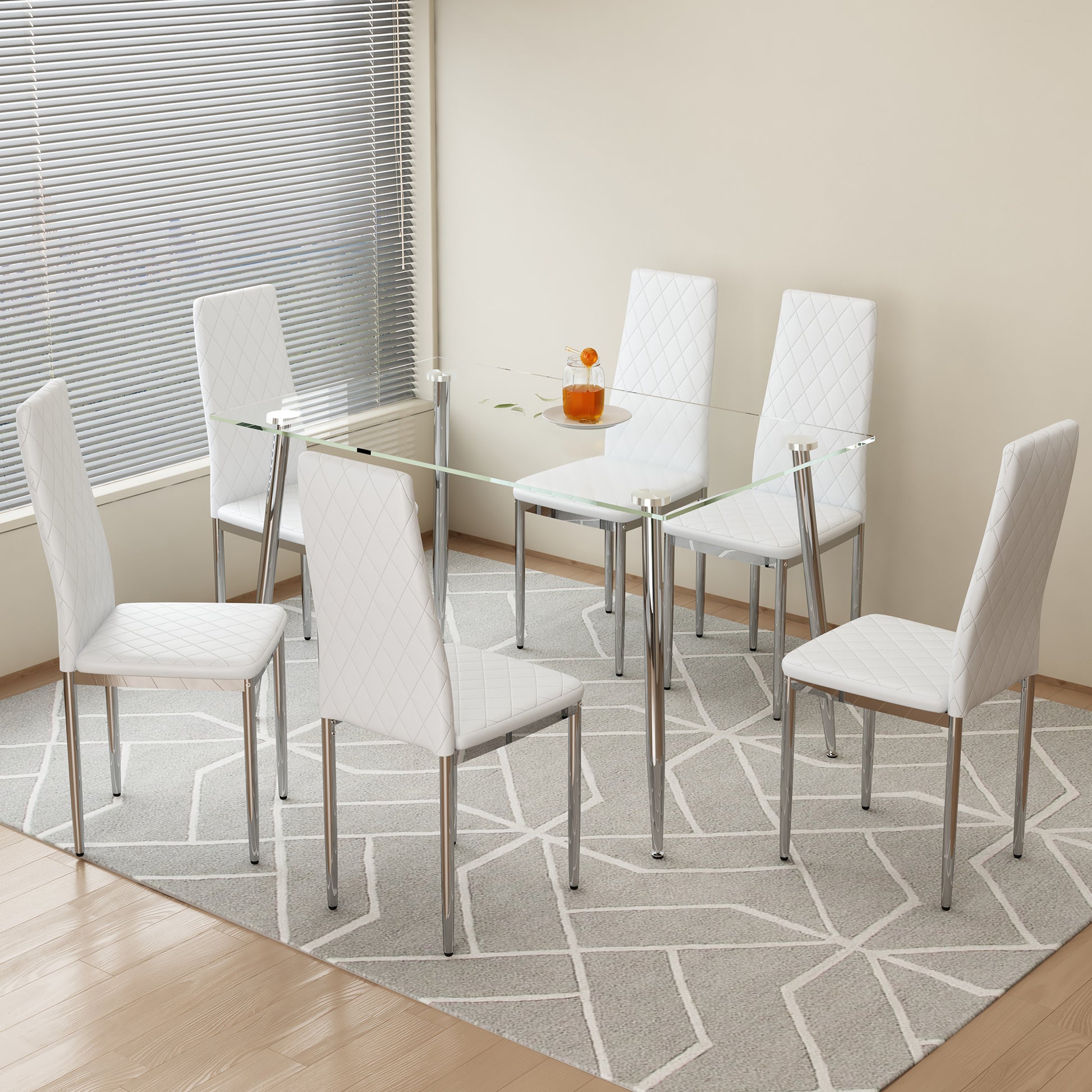Table And Chair Set.Rectangular Dining Table With Tempered Glass Tabletop And Silver Plating Metal Legs.Paired With 6 Checkered Armless High Back White Chairs With Electroplated Metal Legs. White Seats 6 Glass Metal