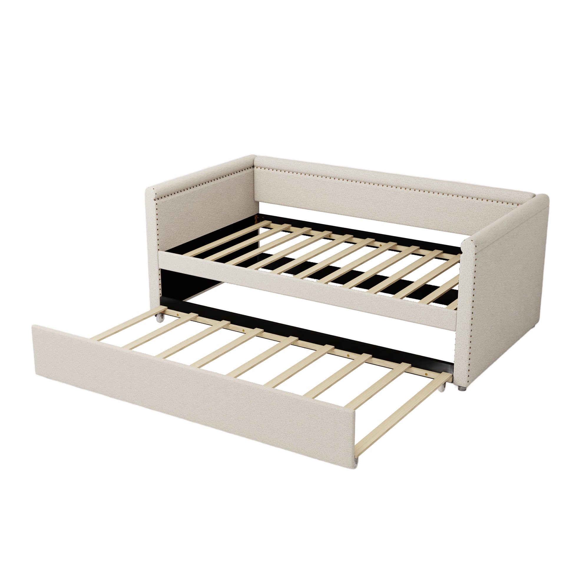 Modern Style Twin Size Upholstered Daybed With Trundle For Guest Room, Small Bedroom, Study Room, Beige Box Spring Not Required Twin Beige Wood Bedroom Traditional Daybeds Linen Upholstered