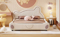 Queen Size Velvet Platform Bed With Bear Shaped Headboard, With Bed End Storage Pocket, Beige Queen Beige Plywood