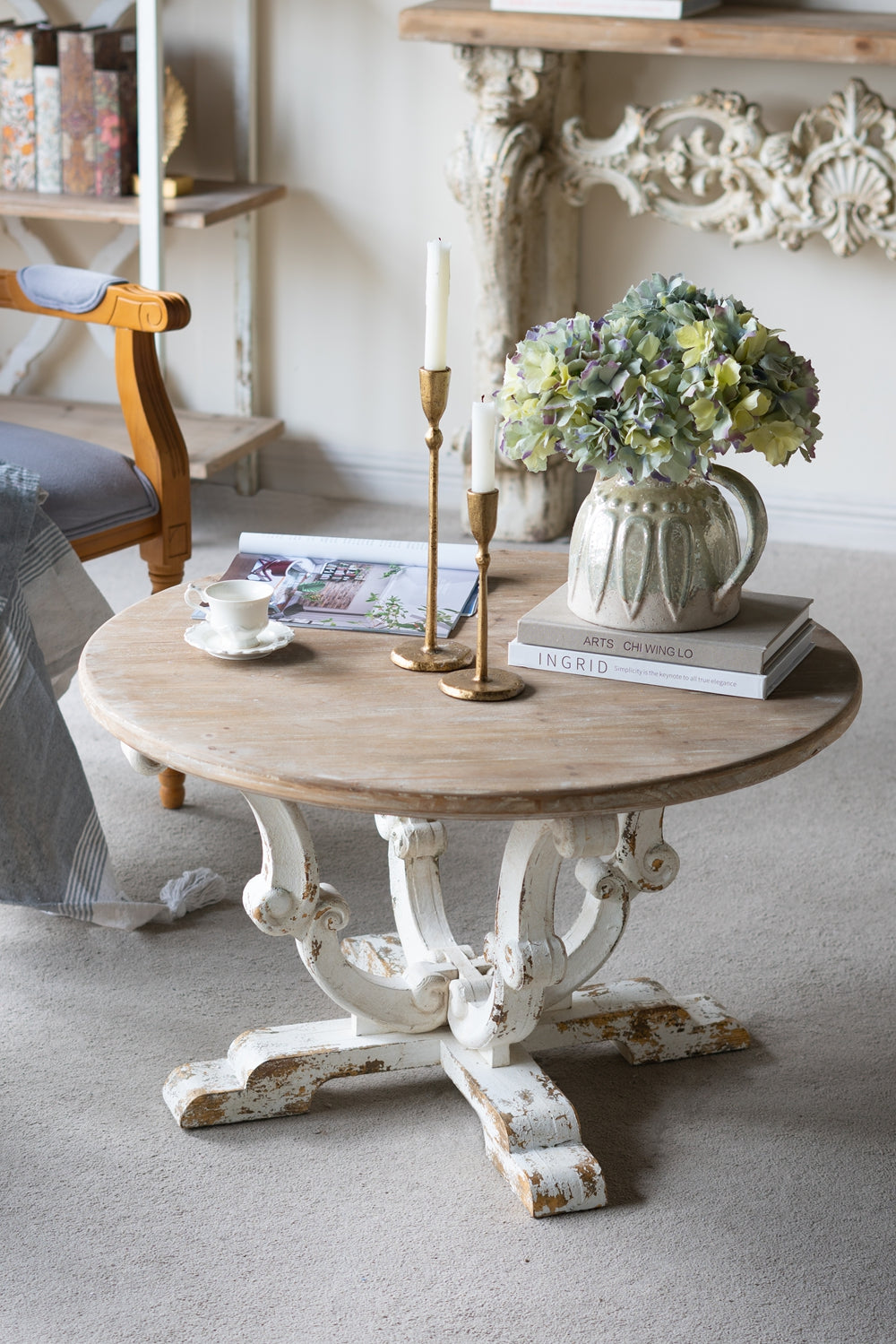 D31.5X18.5" Round Wooden Coffee Table With Distressed White Finish And Scrollwork Legs Multicolor Antique,Boho,Farmhouse,French Country,Shabby Chic Solid Wood