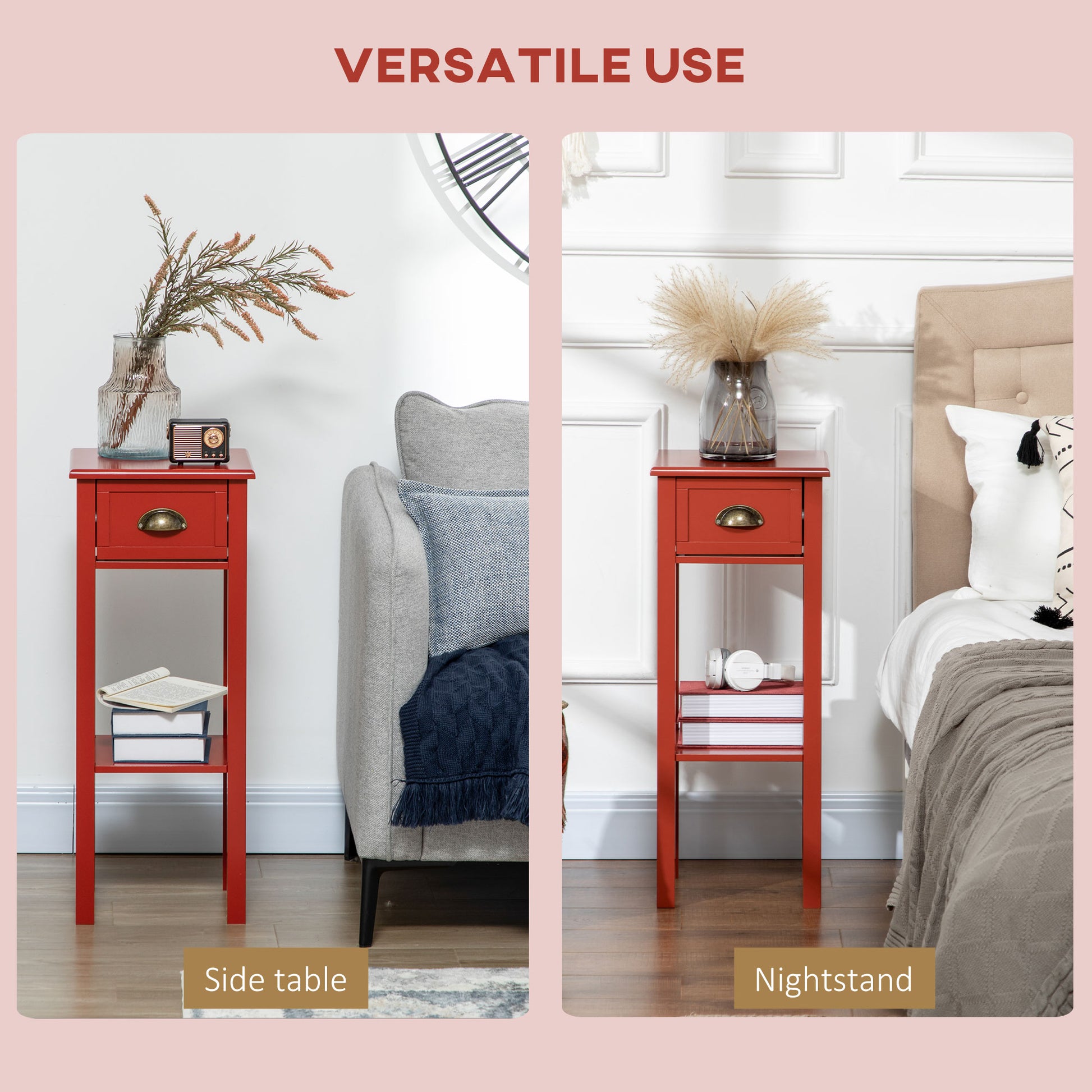 Homcom 2 Tier Side Table With Drawer, Narrow End Table With Bottom Shelf, For Living Room Or Bedroom, Red Red Mdf