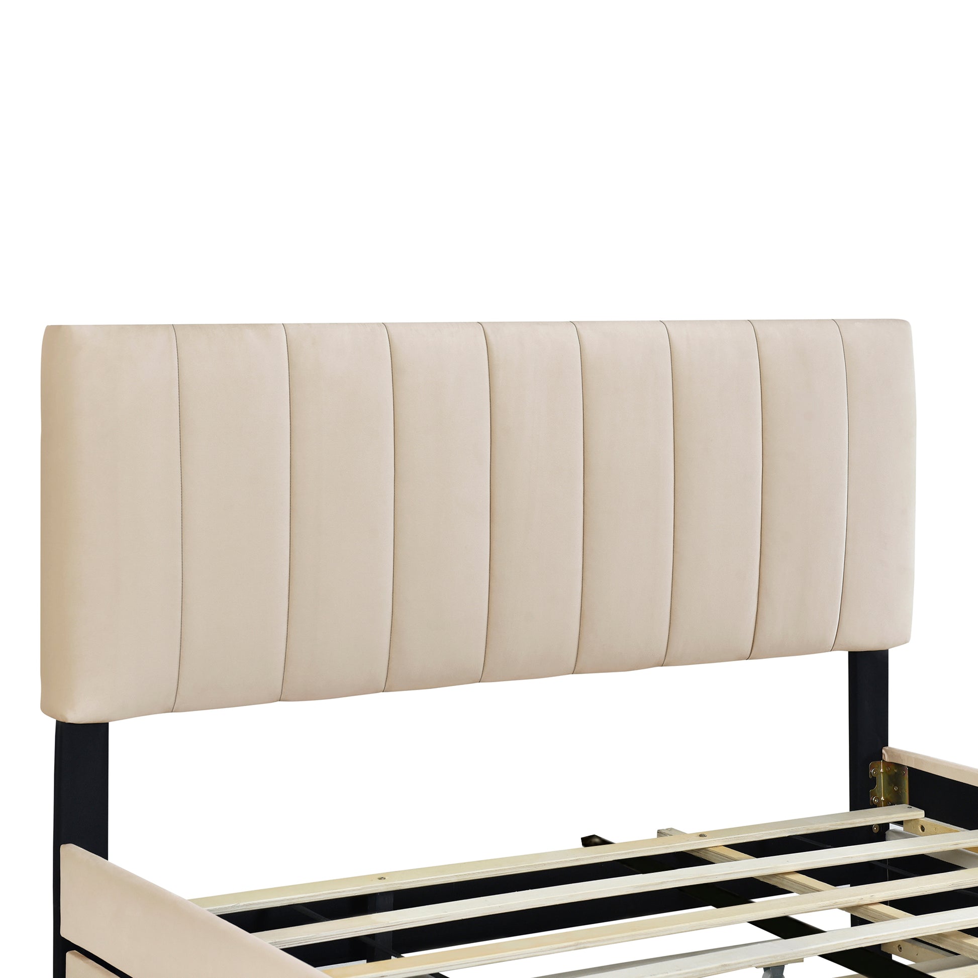 Queen Size Velvet Upholstered Platform Bed With 2 Drawers And 1 Twin Xl Trundle Beige Queen Beige Upholstered