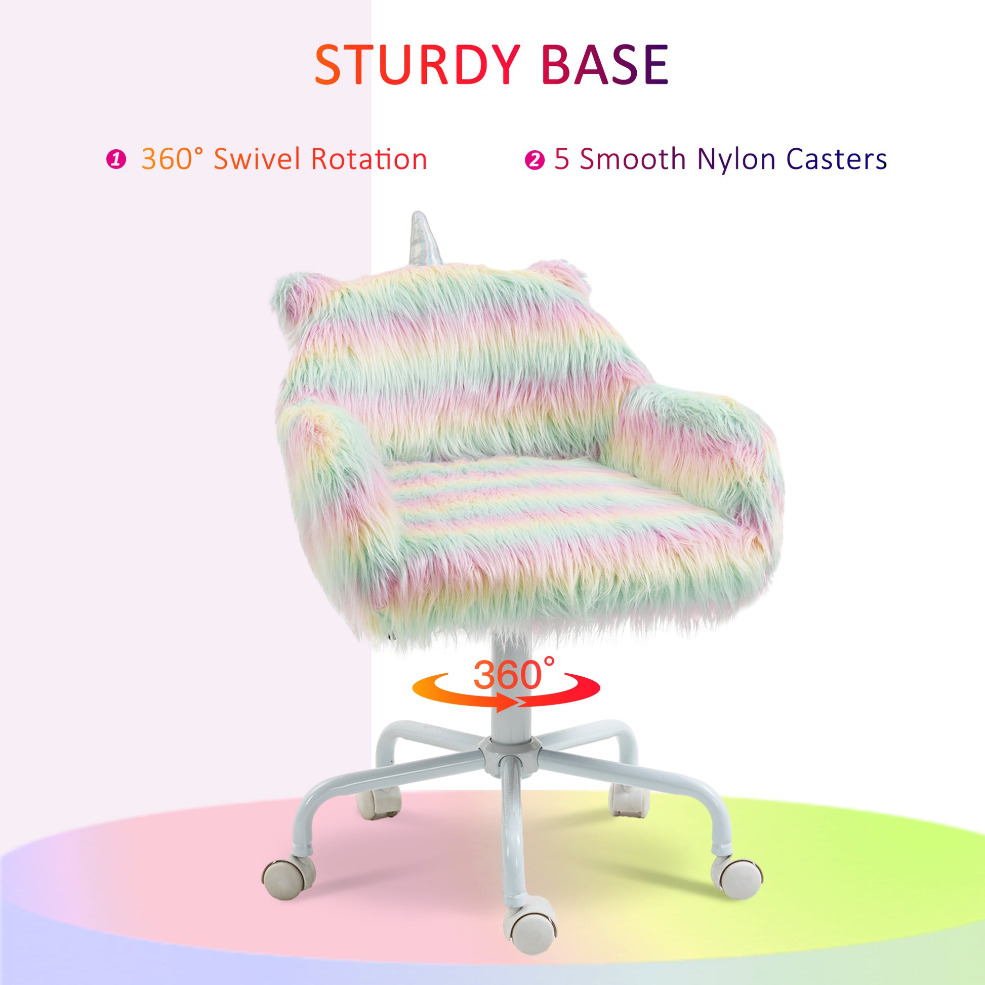 Homcom Fluffy Unicorn Office Chair With Mid Back And Armrest Support, 5 Star Swivel Wheel White Base, Rainbow Multicolor Faux Fur
