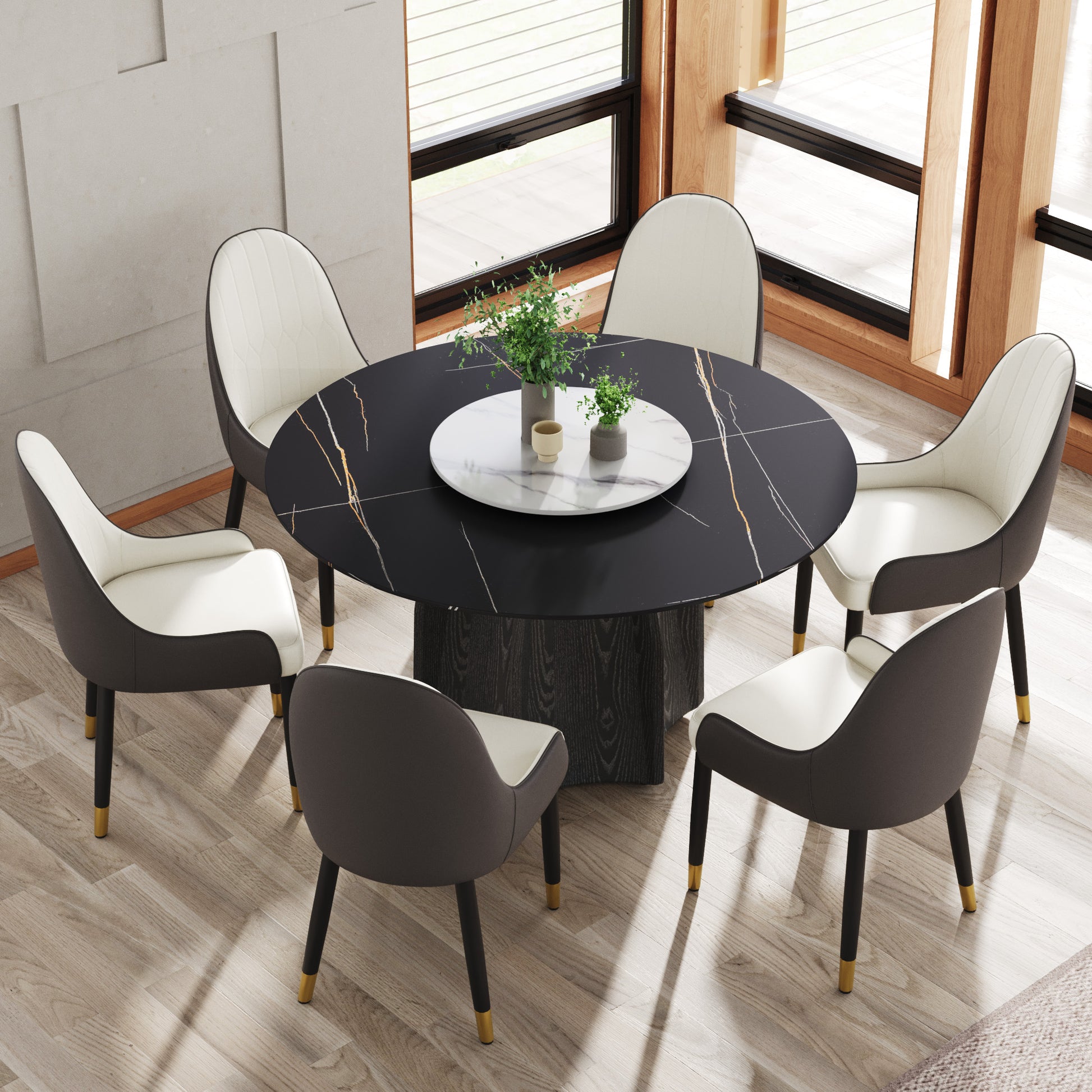 53" Round Marble Dining Table With Black Textured Solid Wood Base, Artificial Marble For 6 People, 23.62"White Artificial Stone Turntable,Black&White Dining Table Only Black,White Dining Room Modern