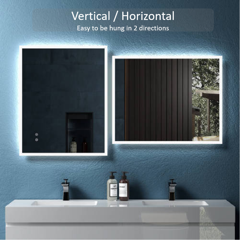 24" W X 30" H Modern Wall Mounted Led Backlit Anti Fog Rectangular Bathroom Mirror With Us Standard Plug, Temperature Adjustable And Memory Function Touch Switch White Glass