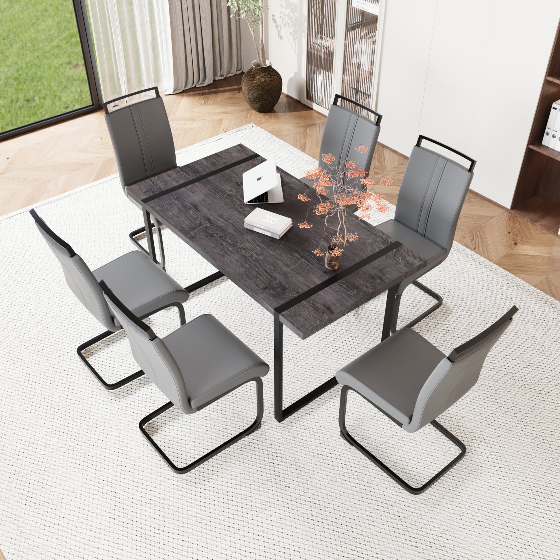 59 "Rural Industrial Rectangular Mdf Black Dining Table Set And Pu Armless Dining Chair Set, 6 Pieces. Kitchen Black Metal Table Leg Dining Chair Set Black Gray Mdf