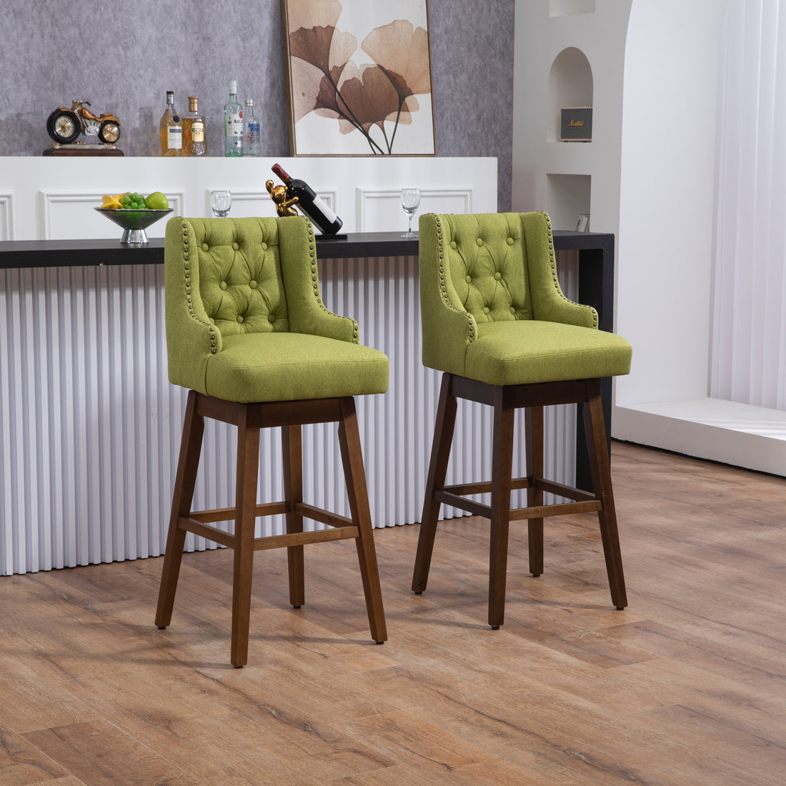 Coolmore Bar Stools Set Of 2 Counter Height Chairs With Footrest For Kitchen, Dining Room And 360 Degree Solid Wood Legs Swivel Bar Stools Set Of 2 Olive Linen Olive Foam Linen