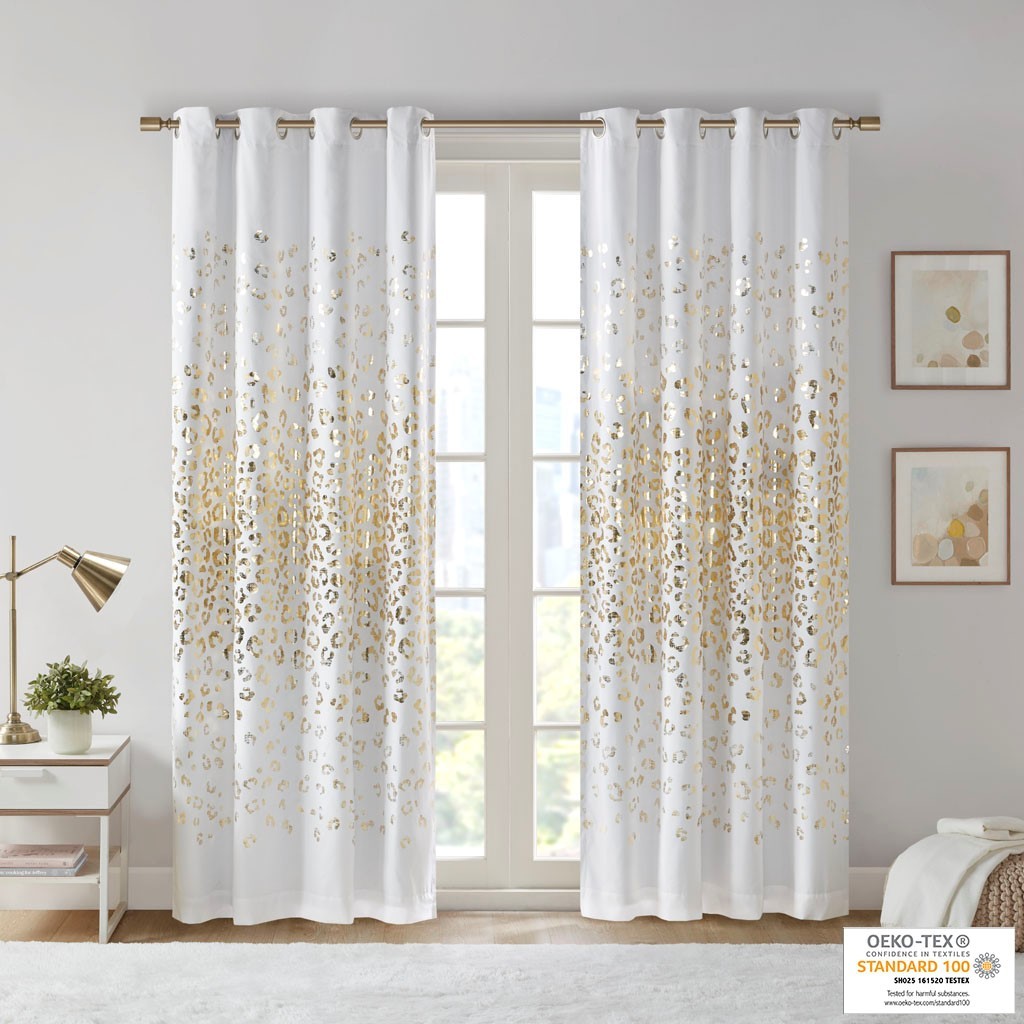 Grommet Top Metallic Animal Printed Total Blackout Curtain Only 1 Pc Panel White Gold Polyester