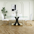 Modern Style Glass Dining Table, Elegant Transparent Design, Solid Support Base, White Dining Chair Set, Gold Plated Legs, Suitable For Restaurant Kitchen Use Set Of 5 White Gold Seats 4 Mdf Glass