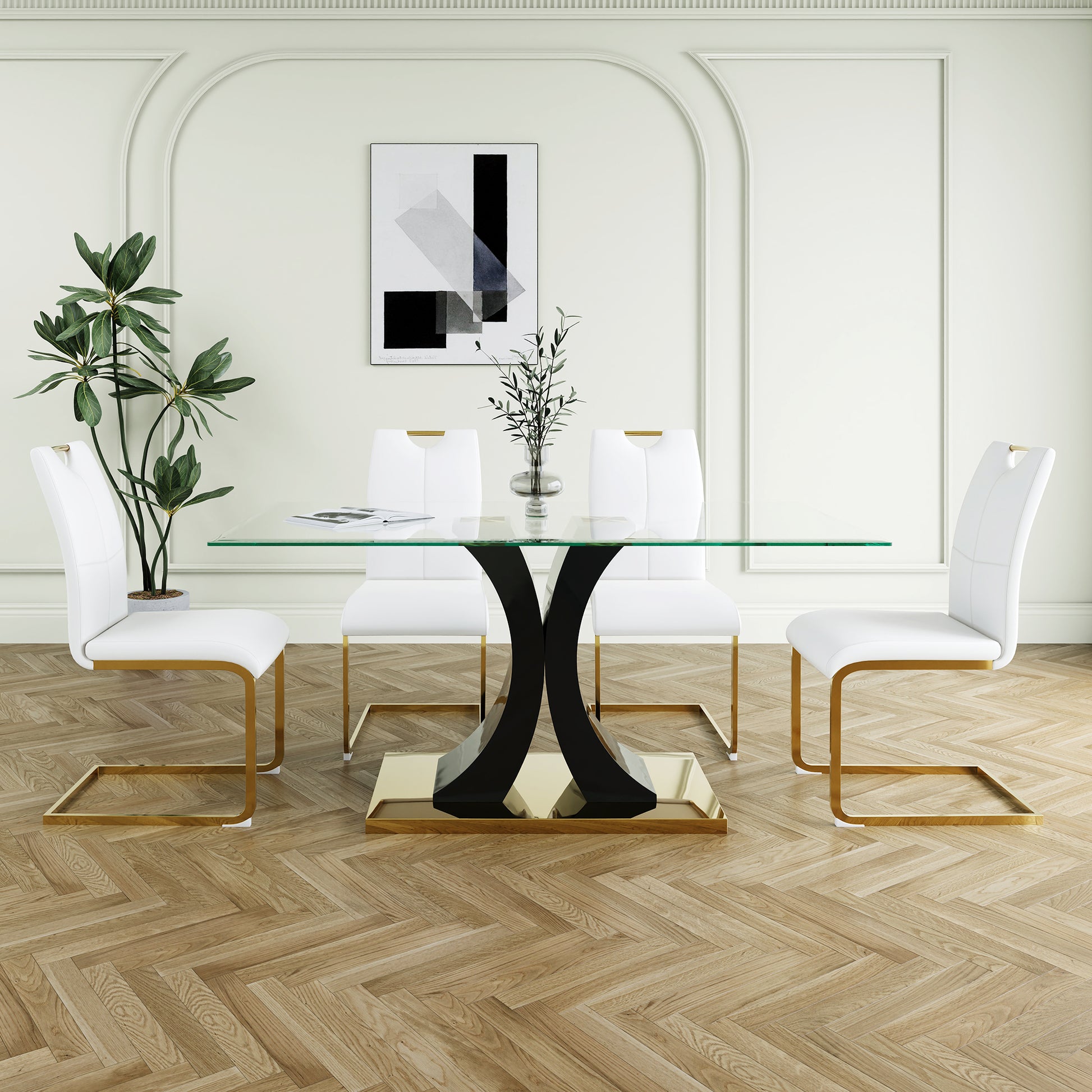 Modern Style Glass Dining Table, Elegant Transparent Design, Solid Support Base, White Dining Chair Set, Gold Plated Legs, Suitable For Restaurant Kitchen Use Set Of 5 White Gold Seats 4 Mdf Glass