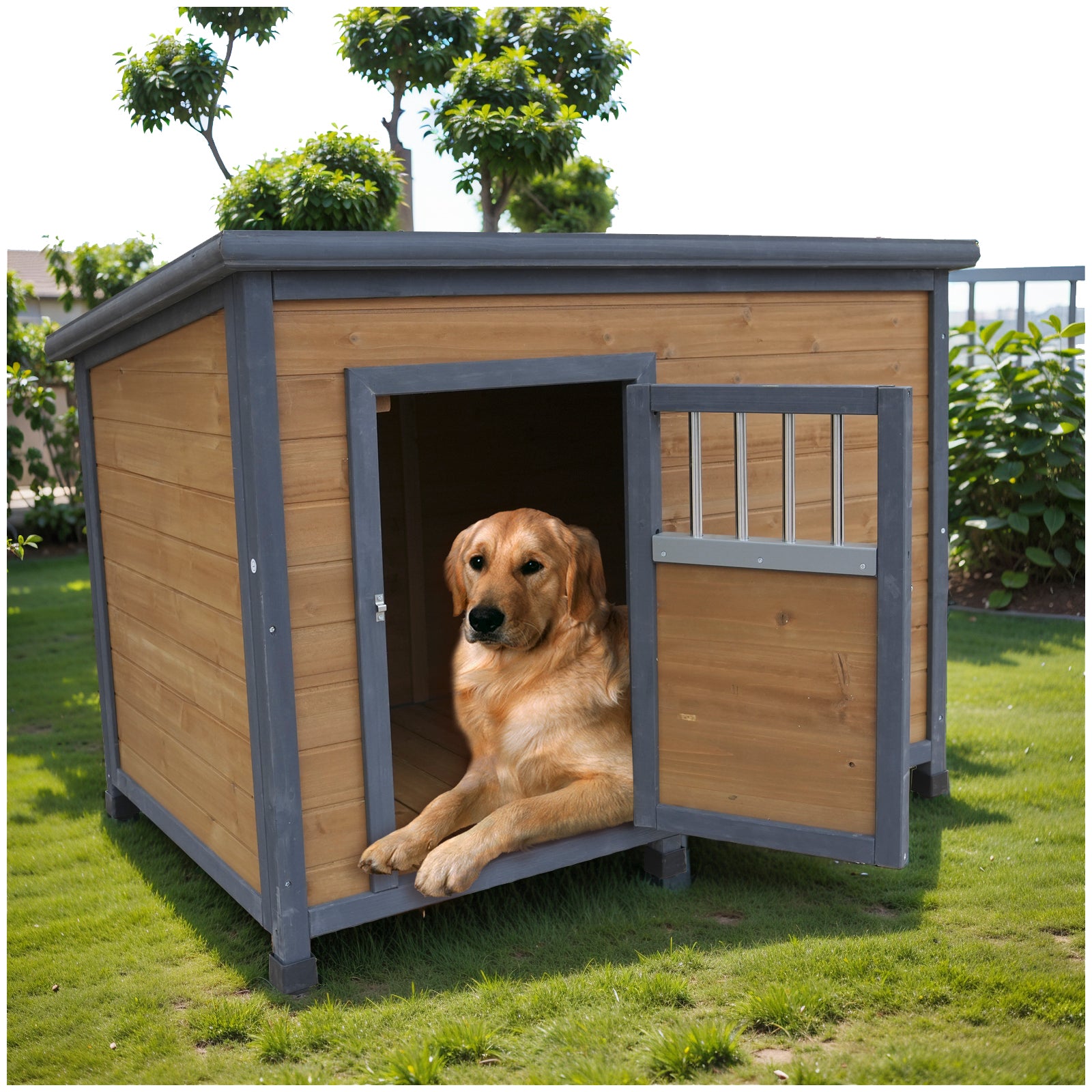 45"Large Solid Wood Dog House, Waterproof Pvc Plastic Roof, Wooden Doors Gray Yellow Solid Wood