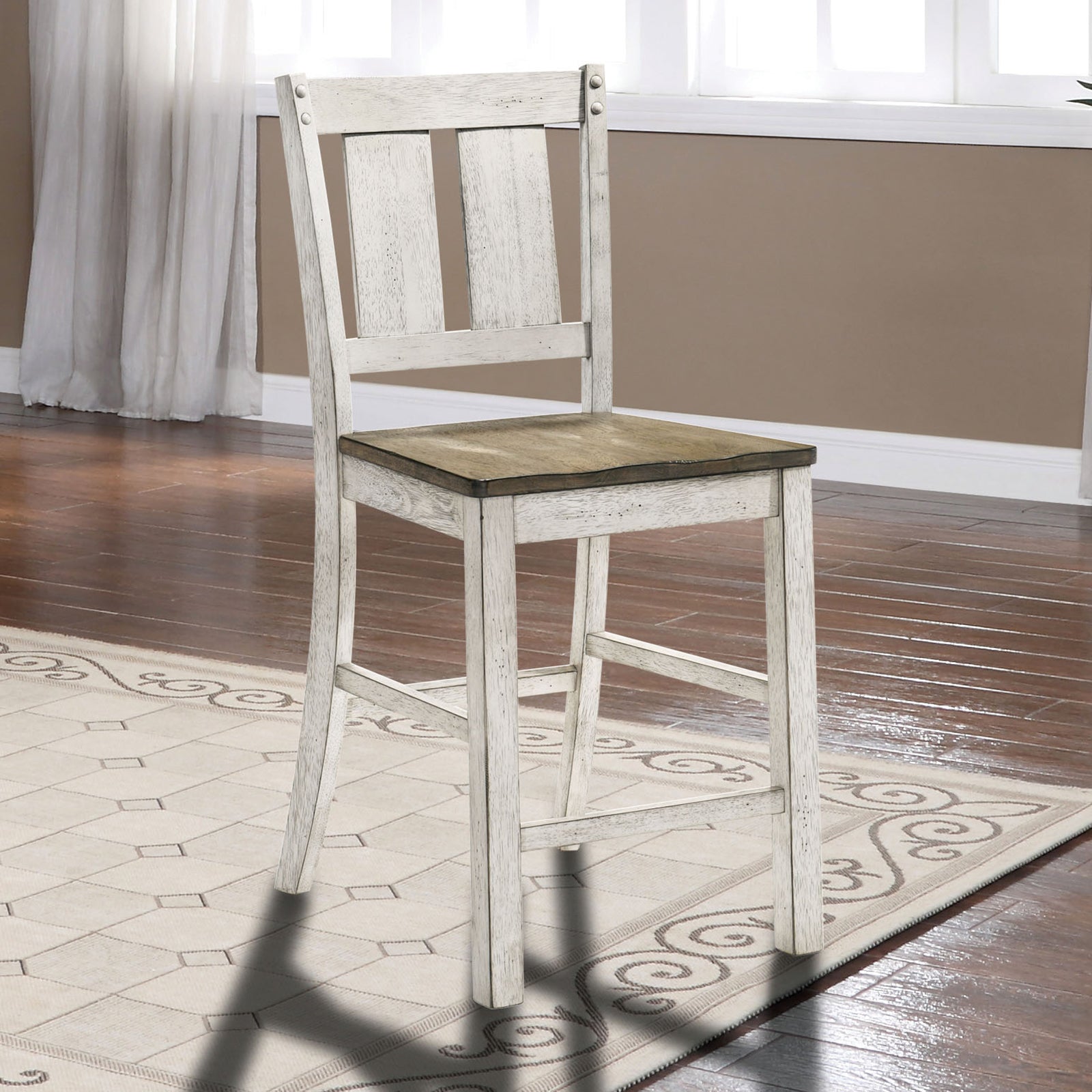 Antique White Finish Solid Wood Farmhouse Design Kitchen Set Of 2Pc Counter Height Dining Chairs Slat Back Chairs Dining Room Antique White,Ash Brown Dining Room Contemporary,Industrial Dining Chairs Slat Back Set Of 2 Solid Wood