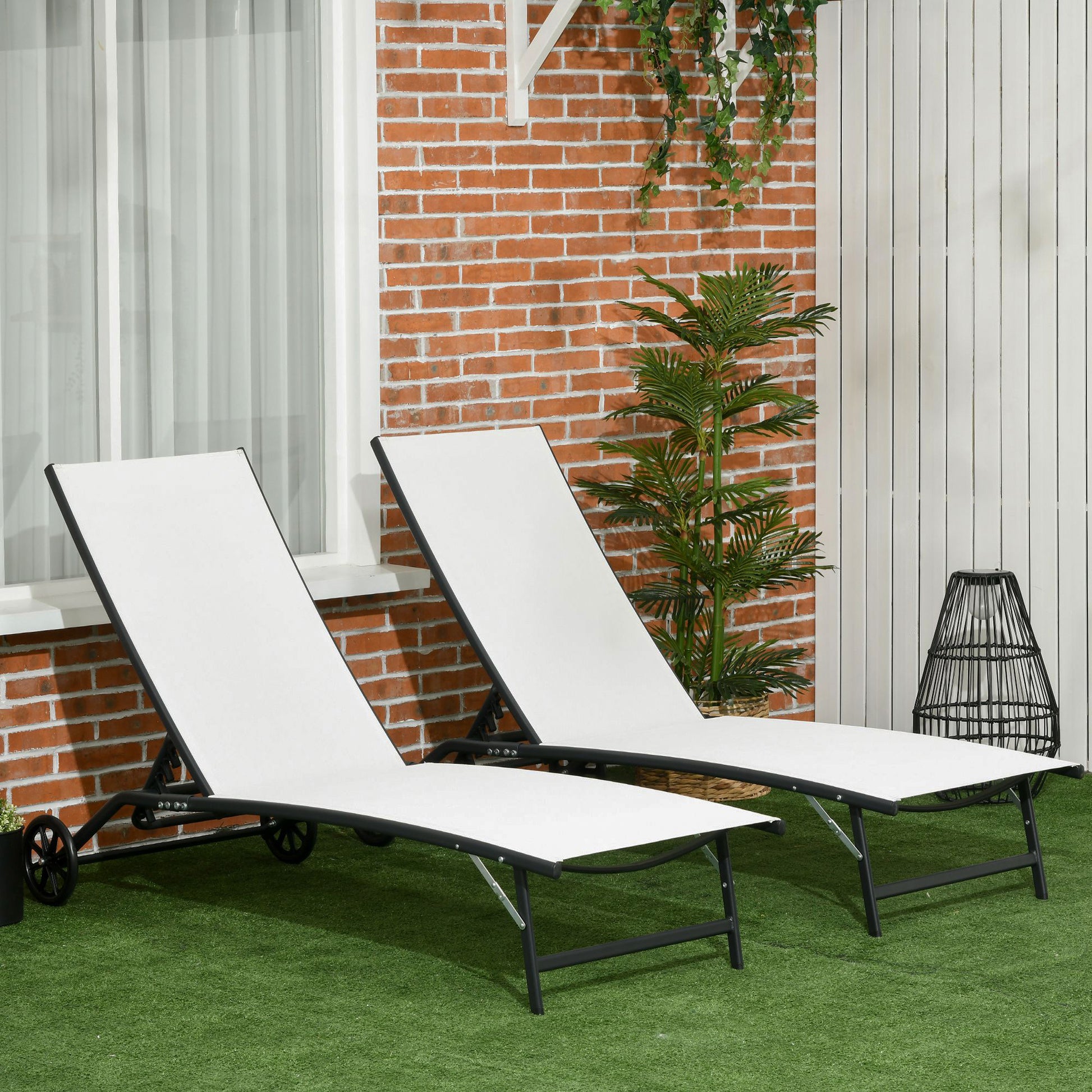 Outsunny Chaise Lounge Outdoor, 2 Piece Lounge Chair With Wheels, Tanning Chair With 5 Adjustable Positions For Patio, Beach, Yard, Pool, Cream White Cream White Fabric