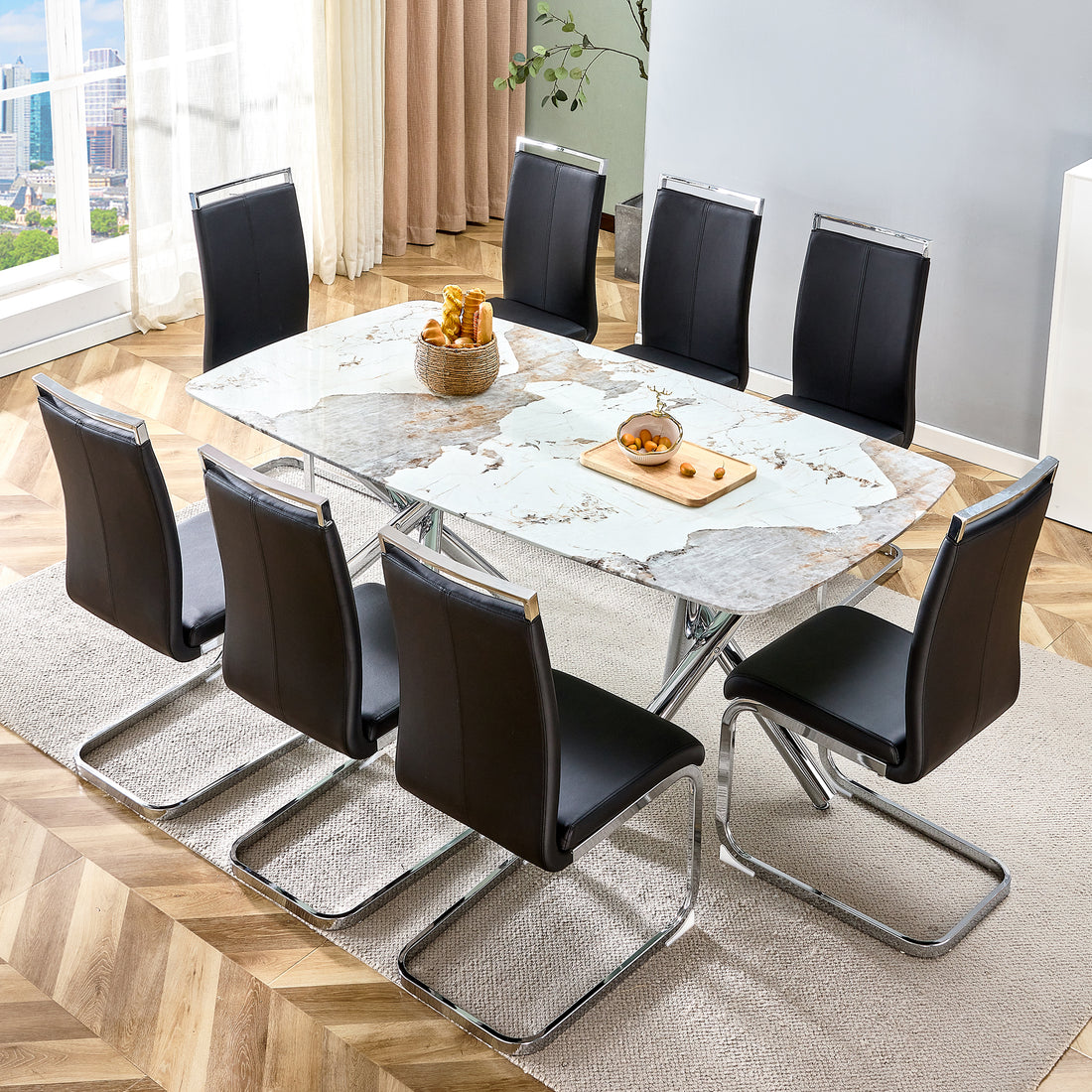 Table And Chair Set.A Rectangular Dining Table Suitable For 4 8 People, Equipped With A Marble Patterned Glass Tabletop And Metal Legs.8 Chairs With Faux Leather Upholstered Seats And Silver Legs. Black Silver Seats 8 Glass Metal