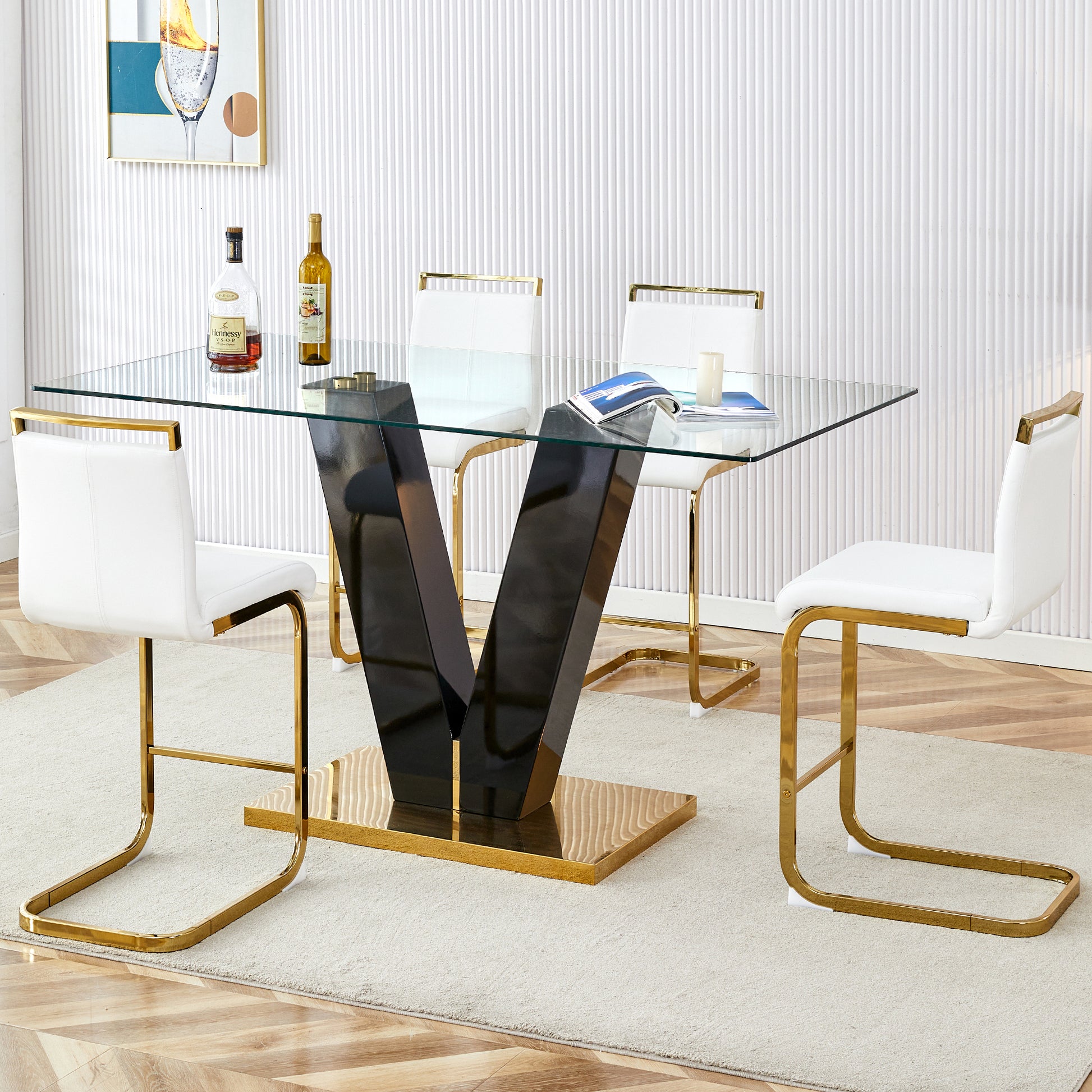 Table And Chair Set. A Rectangular Glass Dining Table With A 0.4 Inch Tempered Glass Tabletop And Mdf Board V Shaped Bracket, Paired With Chairs Consisting Of Pu Seat Cushions And Golden Metal Legs. White Black Seats 4 Tempered Glass