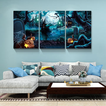 3 Pcs Halloween Wall Decor Wall Art With Lights Halloween Decorations With Spooky Pumpkins For Party Living Room Decorative Wall Art 2840Inch Thickness 1.5Inch Multicolor Halloween Renaissance Modern Canvas